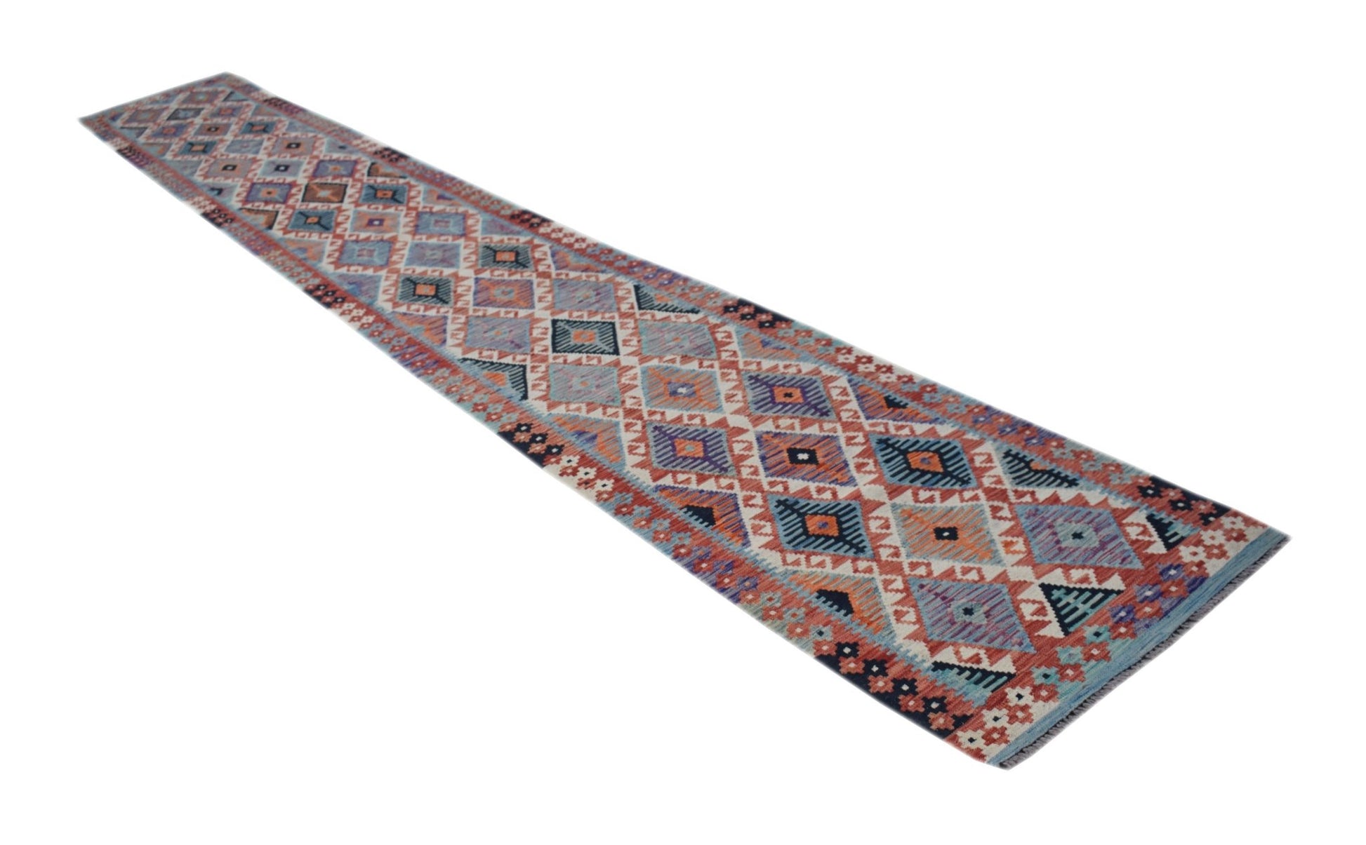 A long, handmade Afghan Maimana Kilim runner featuring a colorful geometric diamond pattern.