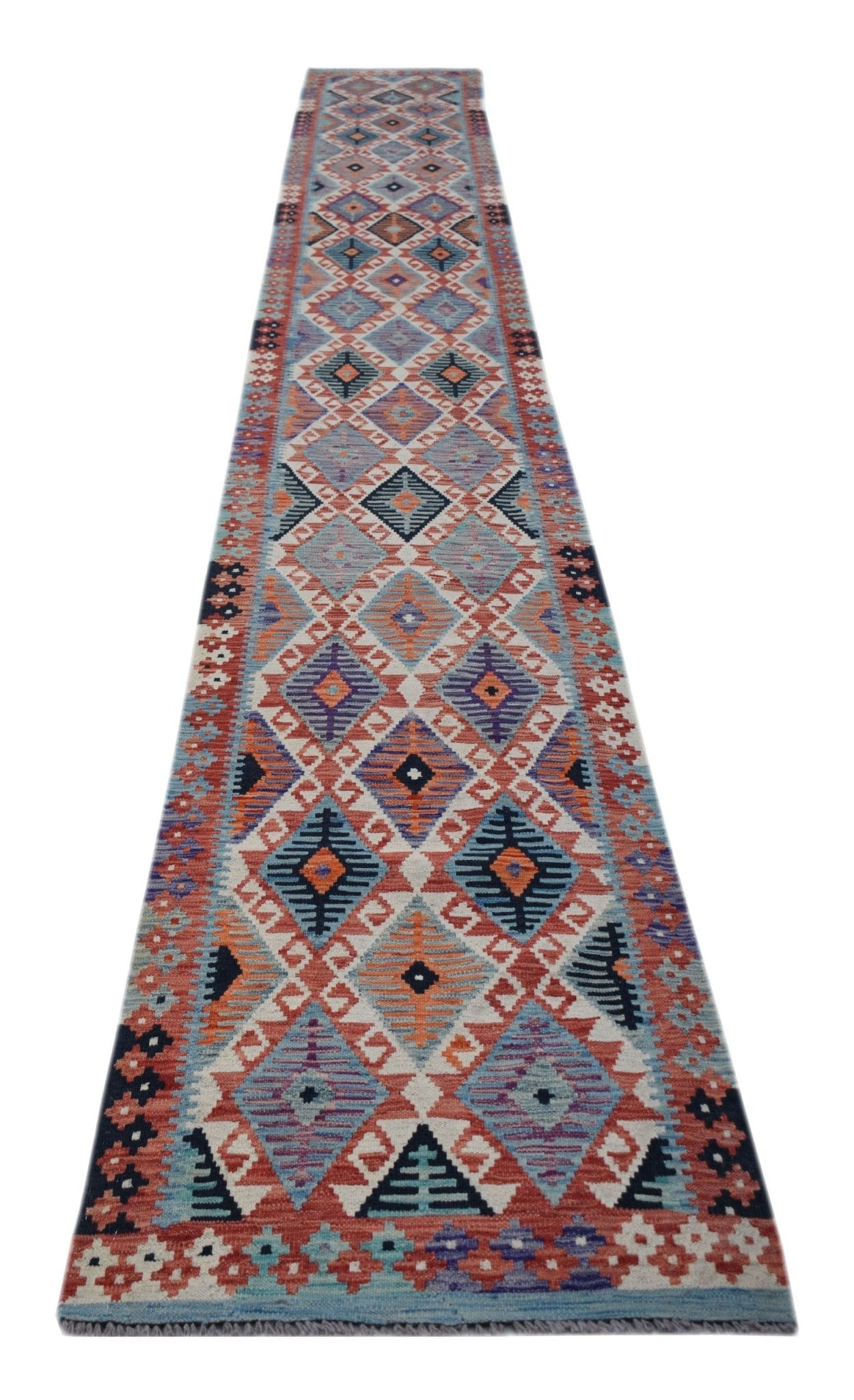Handwoven Afghan Maimana wool runner rug featuring a colorful geometric diamond pattern.