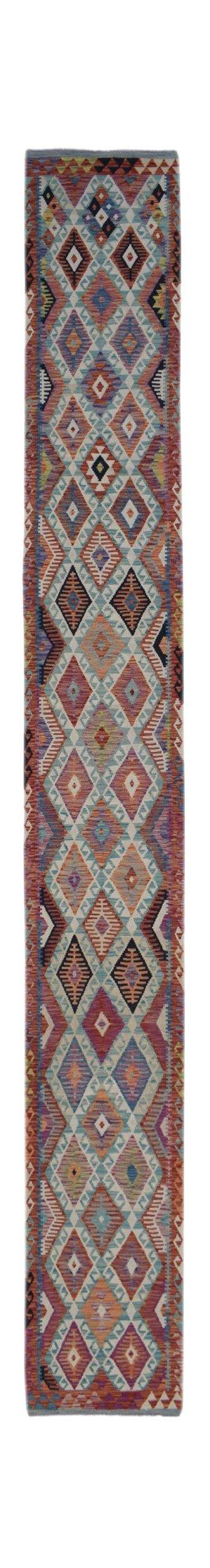 Handwoven Afghan Maimana wool runner rug featuring a colorful geometric diamond pattern.