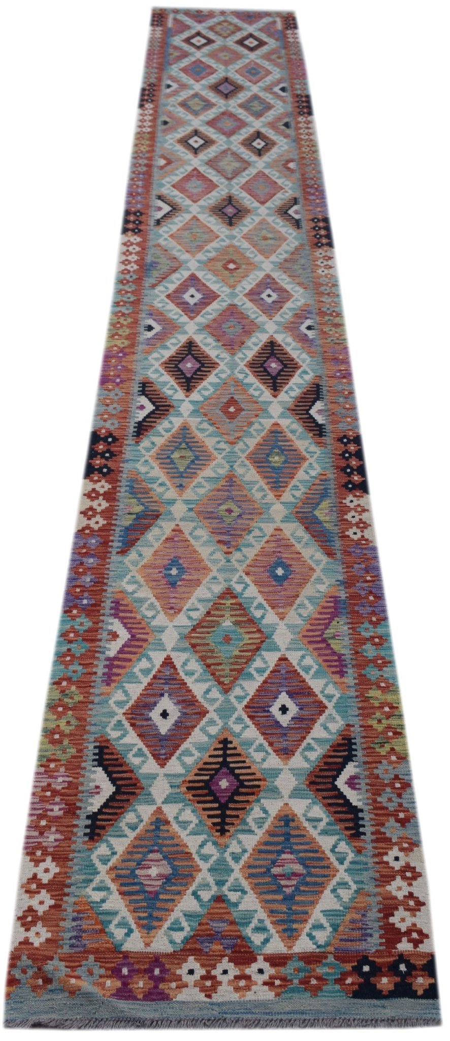 Handwoven Afghan Maimana wool runner featuring a colorful geometric diamond pattern.