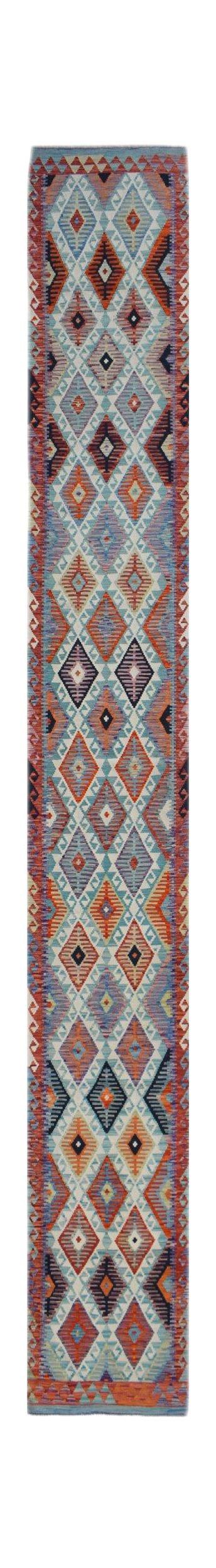 Handwoven Afghan Maimana wool runner rug featuring a colorful geometric diamond pattern.