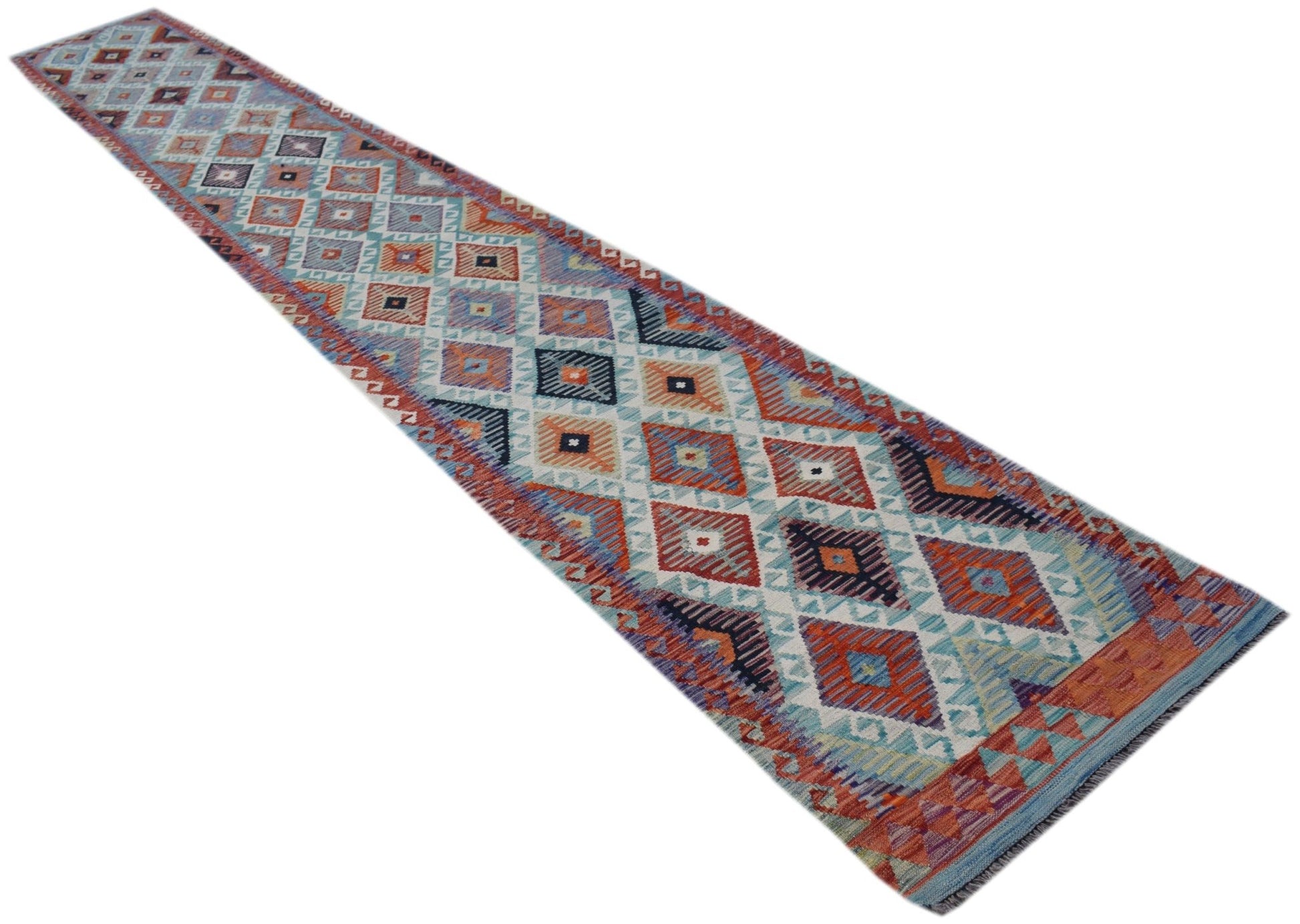 A long, handmade Afghan Maimana kilim runner featuring a colorful geometric diamond pattern.