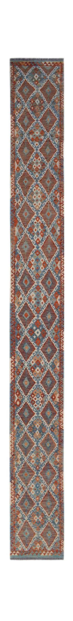 A long, handmade Afghan Maimana Kilim runner featuring a repeating geometric diamond pattern.