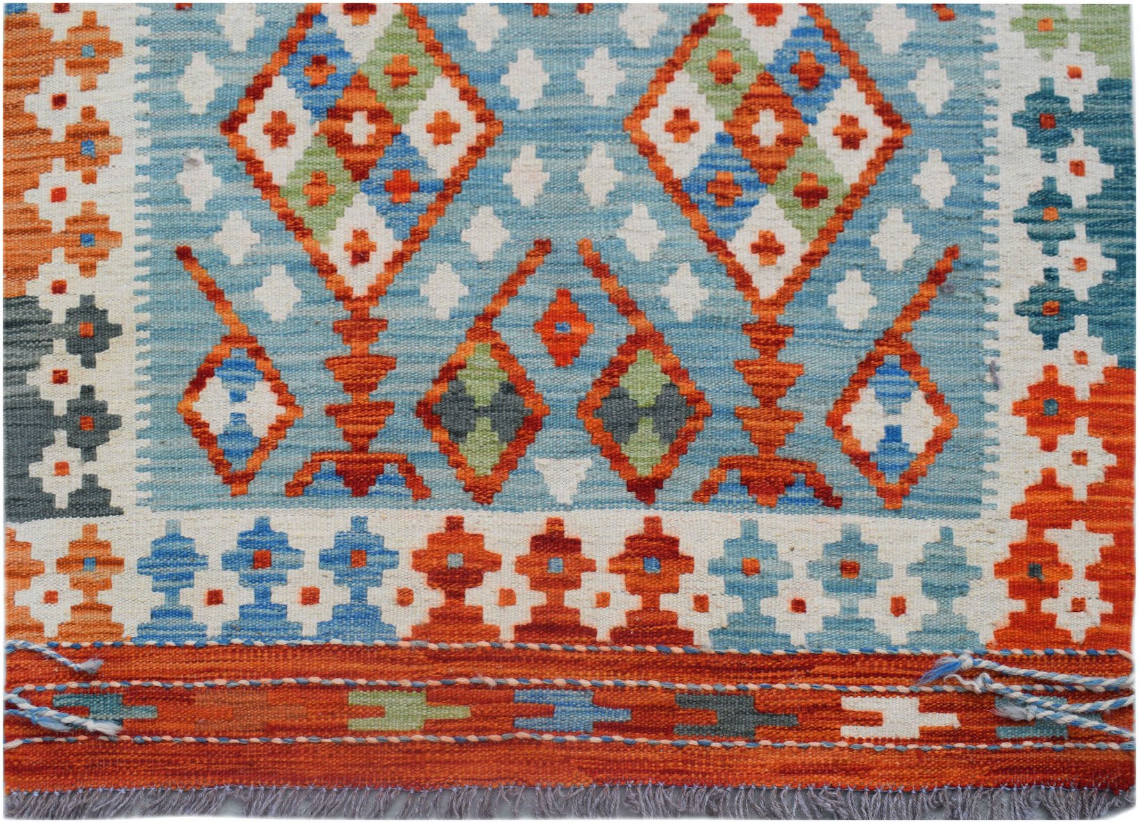 Handwoven Afghan Maimana kilim runner featuring geometric diamond patterns in blue and orange.