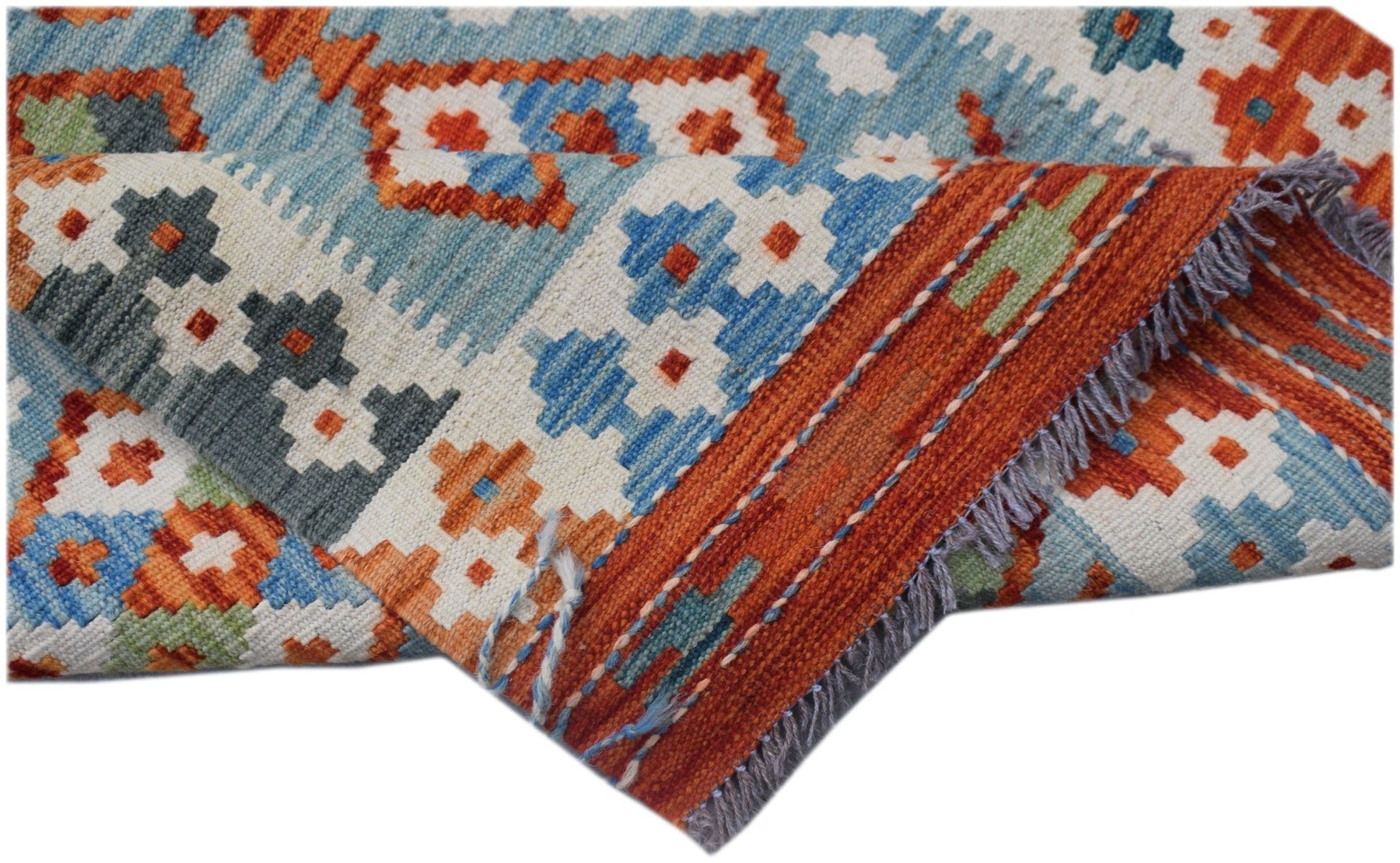 Afghan Maimana Kilim runner with geometric patterns in blue, orange, and white.