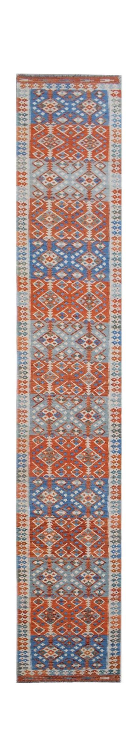 Handwoven Afghan Maimana wool runner featuring a geometric pattern in orange and blue tones.