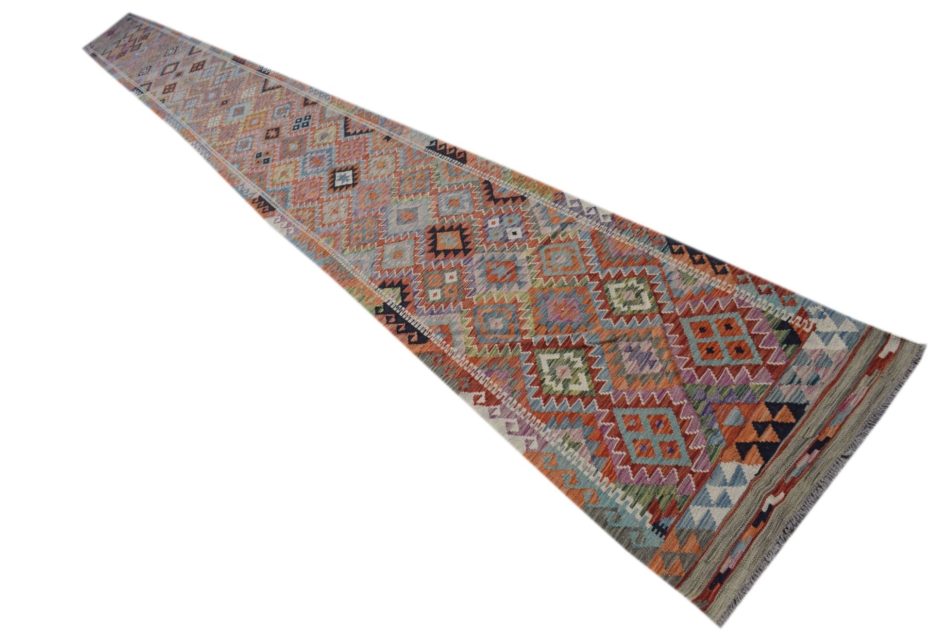 Handwoven Afghan Maimana wool runner rug featuring a colorful geometric diamond pattern.