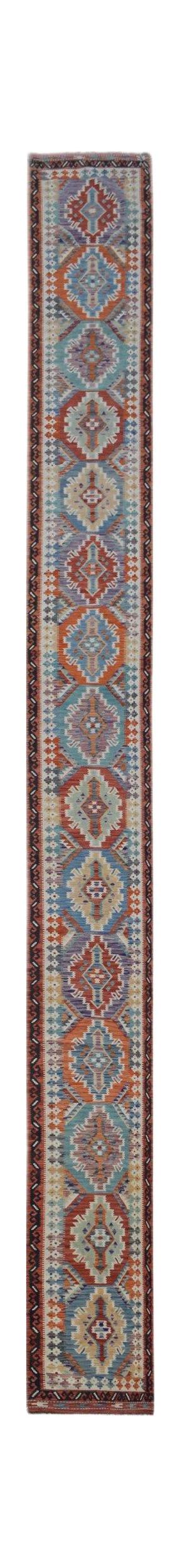 Handwoven Afghan Maimana wool runner rug featuring a repeating geometric diamond pattern.