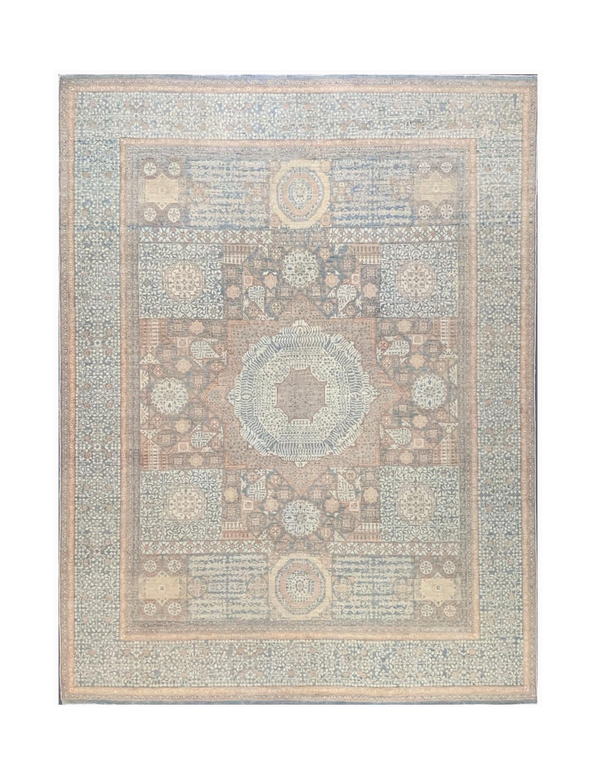 A handmade Afghan Chobi rug featuring a traditional Mamluk geometric pattern in muted earth tones.