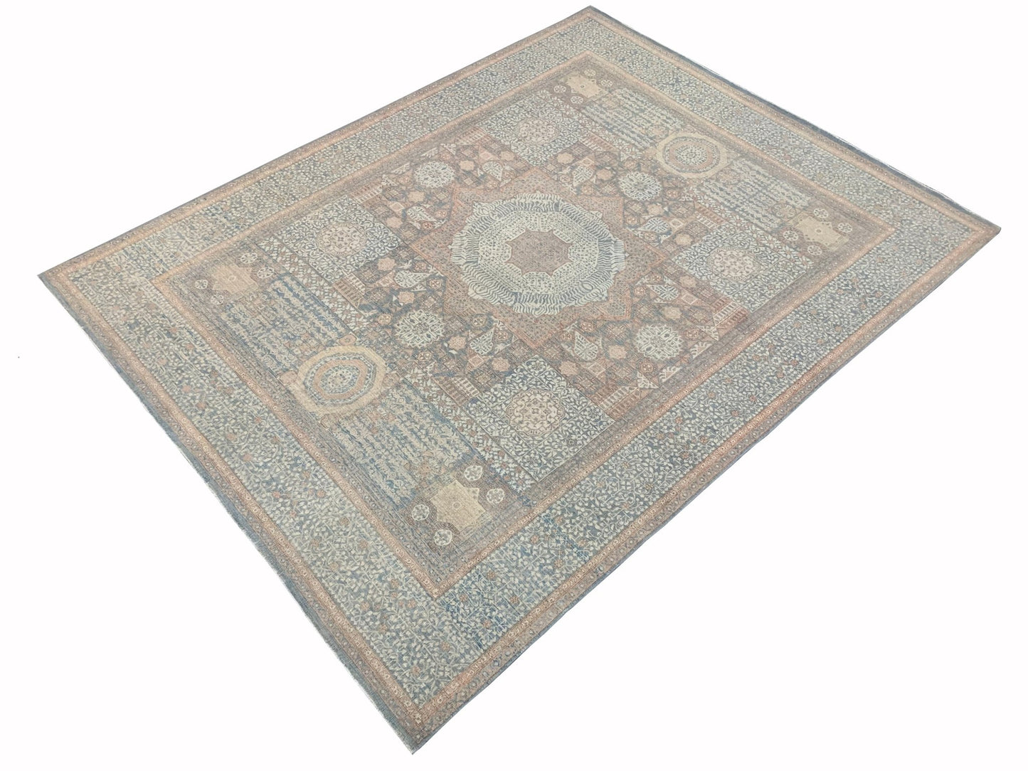 A handmade Afghan Chobi rug featuring a traditional Mamluk geometric pattern in muted earth tones.