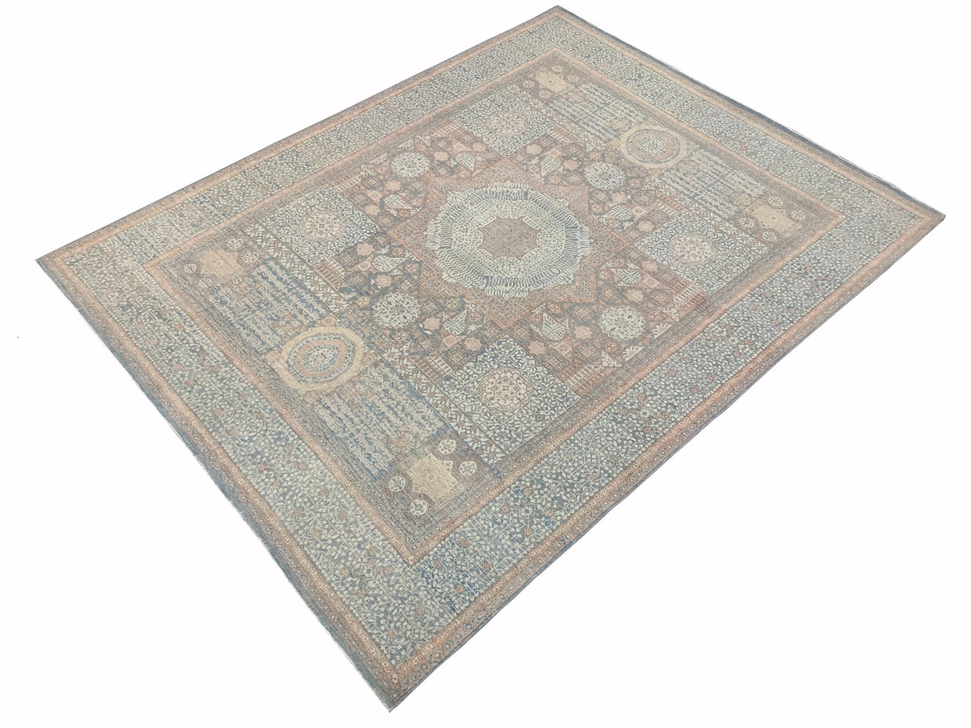 A handmade Afghan Chobi rug featuring a traditional Mamluk geometric pattern in muted earth tones.