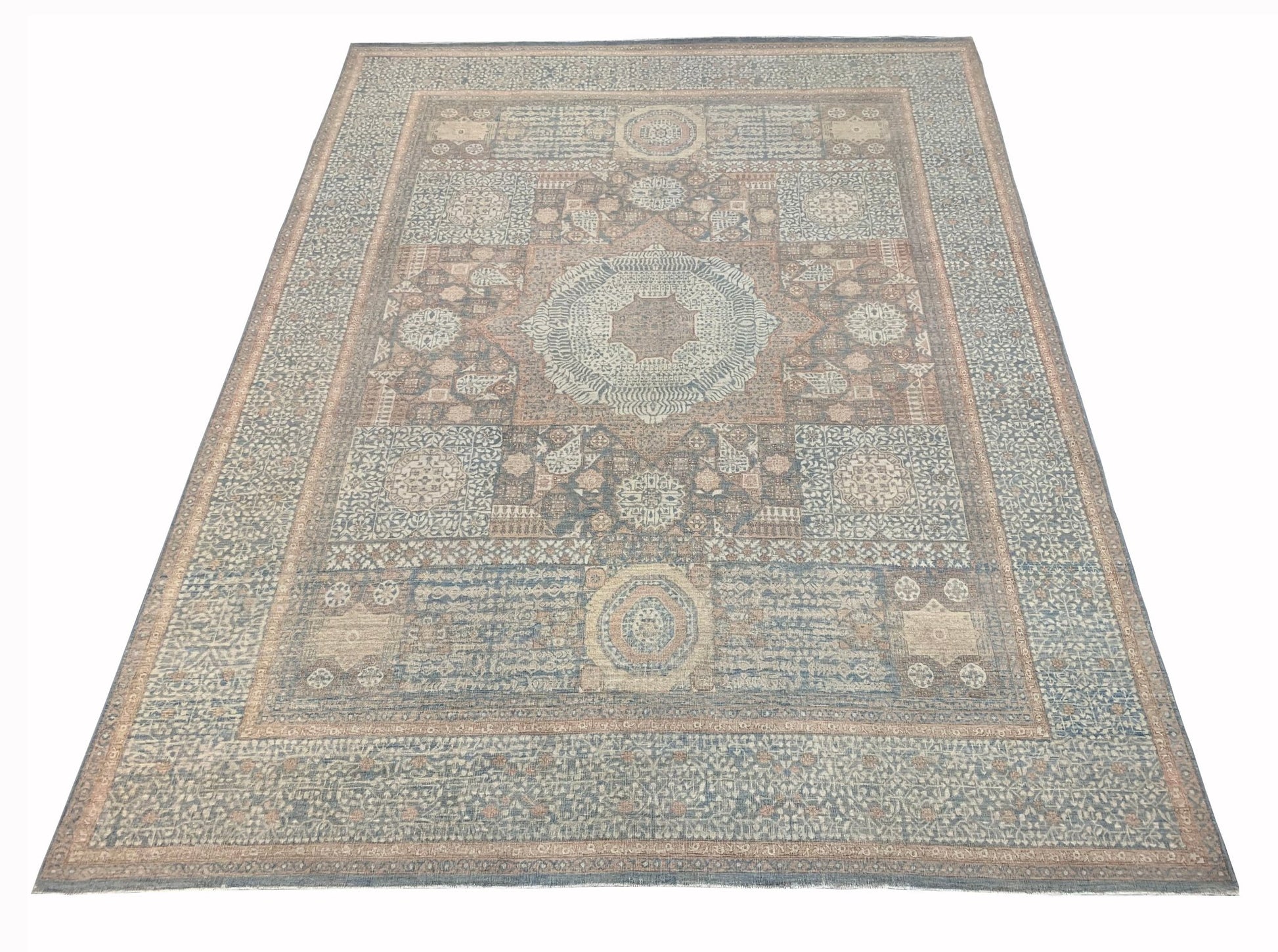 A rectangular Afghan Chobi rug featuring a traditional Mamluk pattern in muted blue and tan tones.