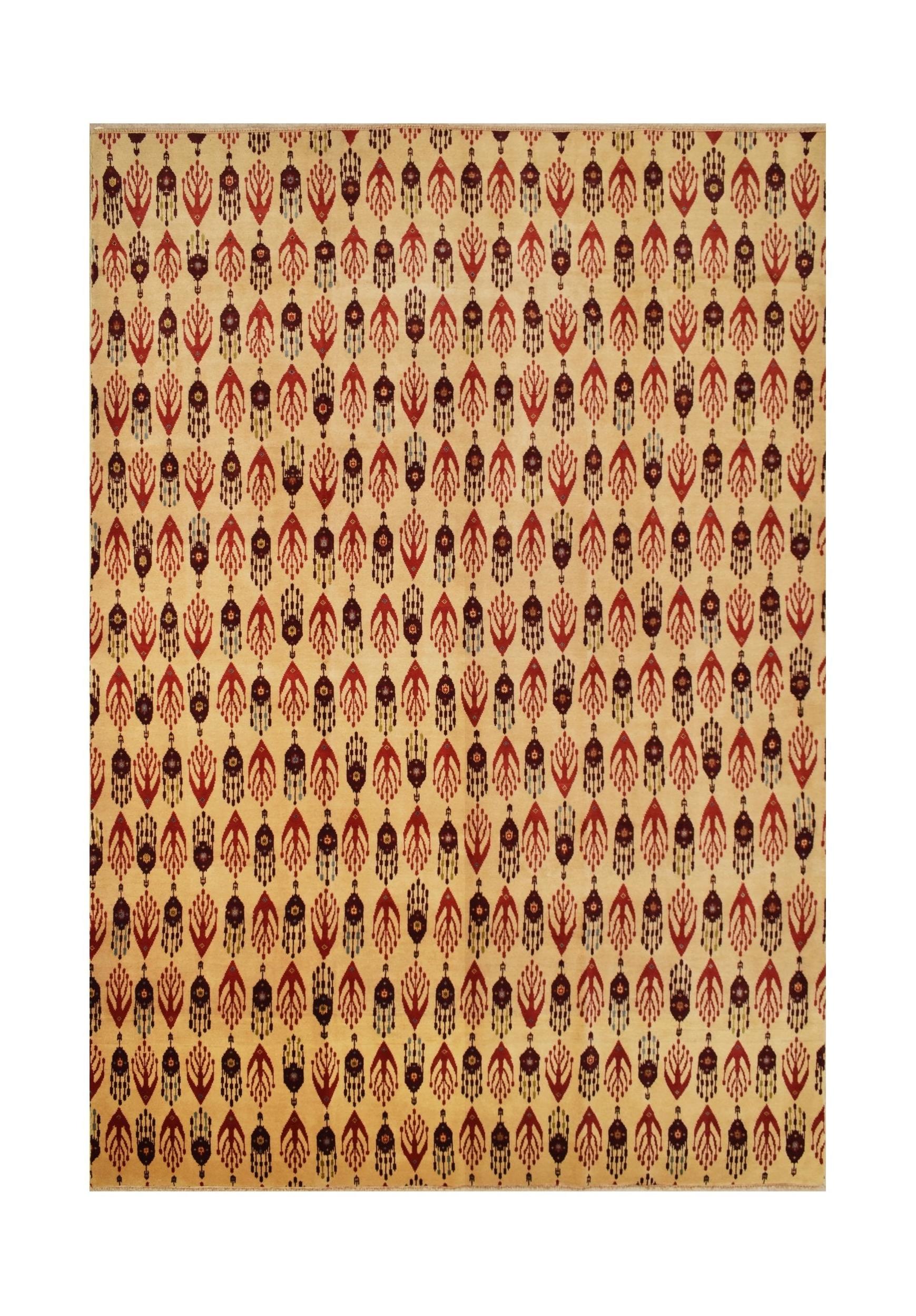 Handmade Afghan Chobi rug featuring a repeating pattern of red and dark brown botanical motifs.