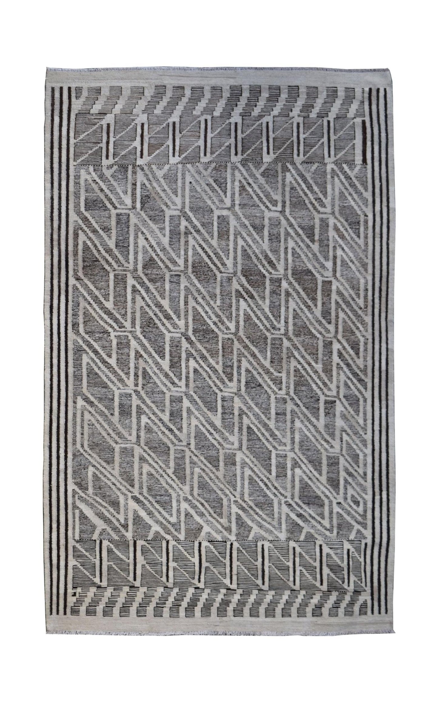 Handmade Afghan Maimana kilim rug featuring a grey and white geometric pattern.