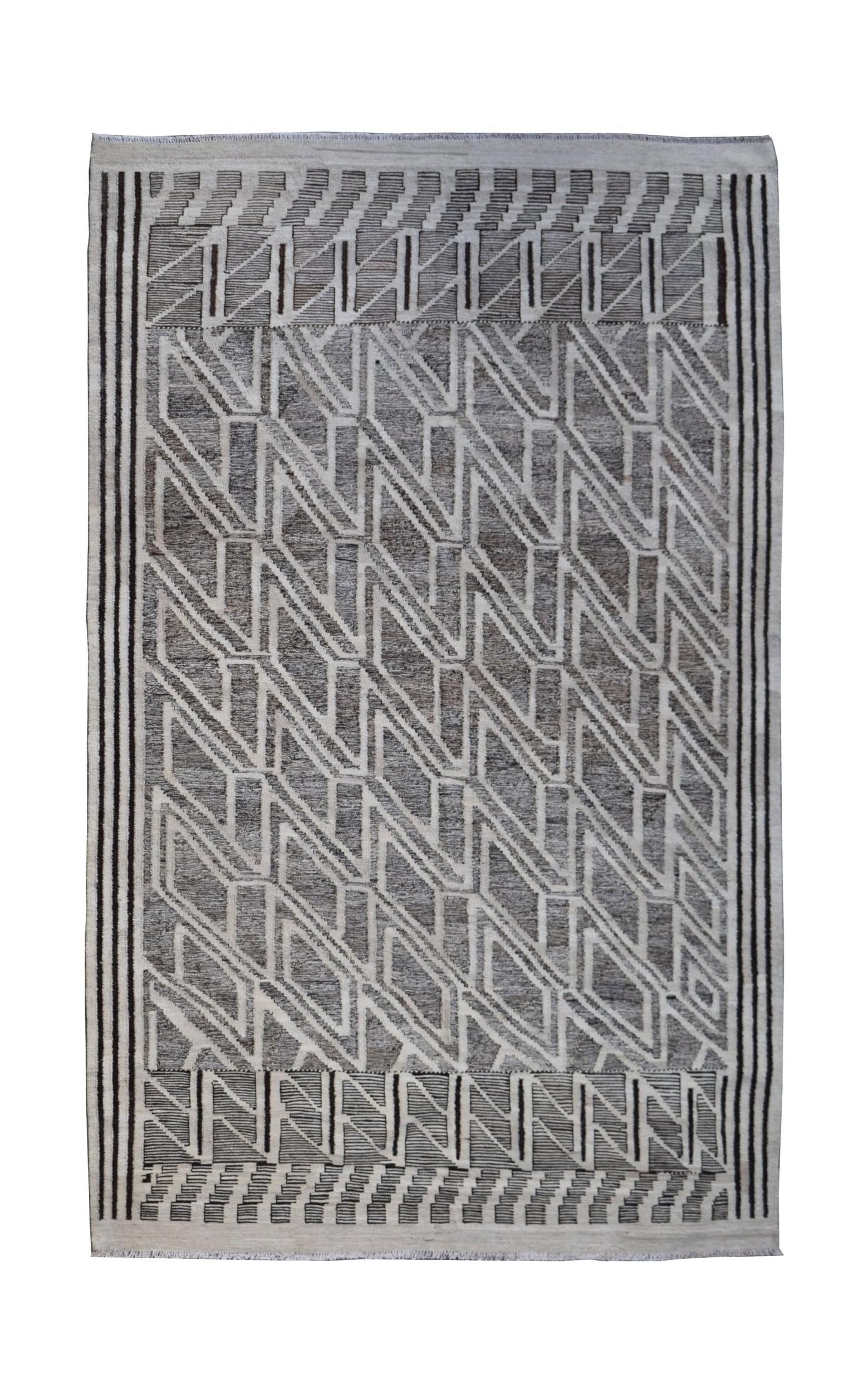 Handmade Afghan Maimana kilim rug featuring a grey and white geometric pattern.