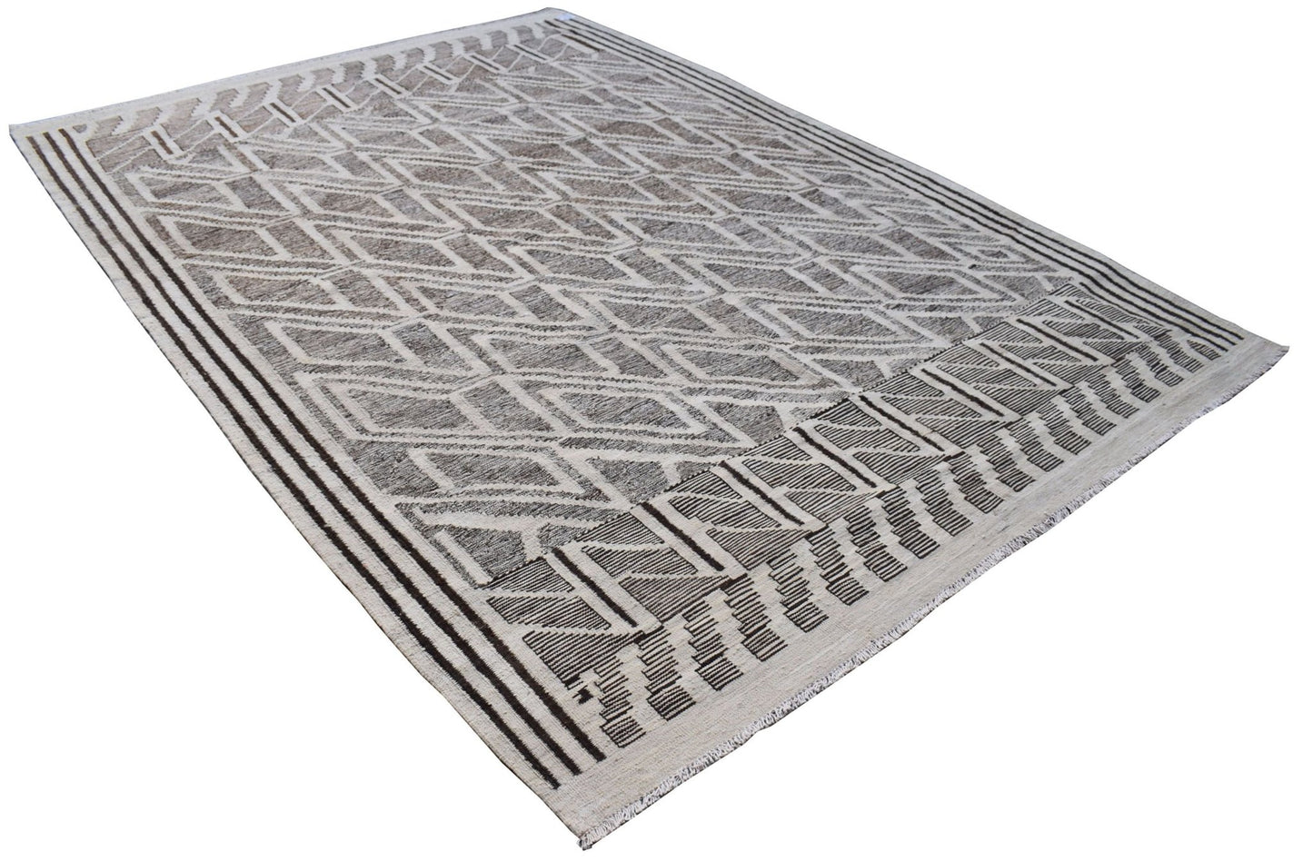Handmade Afghan Maimana kilim rug featuring a geometric diamond pattern in brown and cream wool.