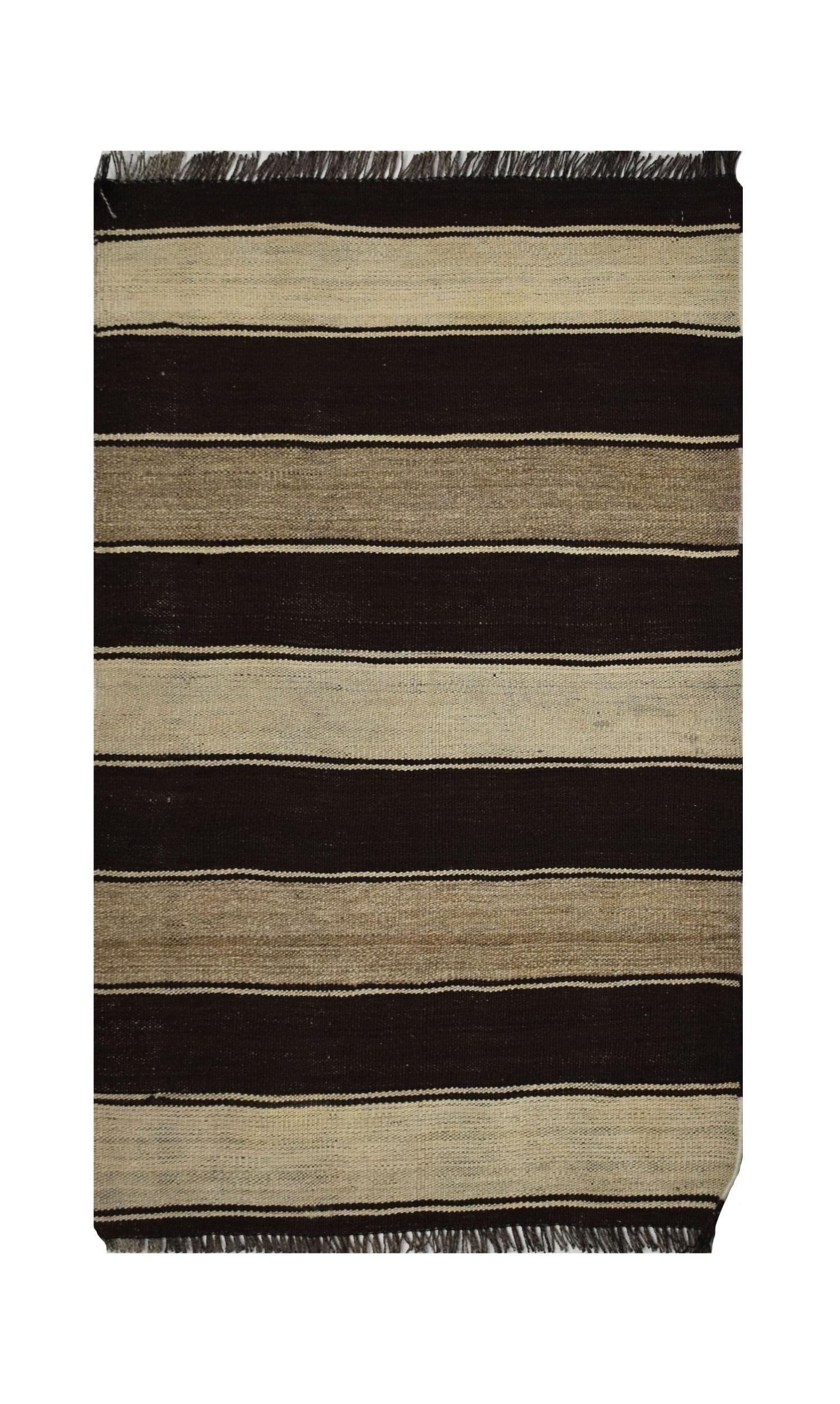 Handmade Afghan Maimana kilim rug featuring horizontal stripes in natural wool tones.
