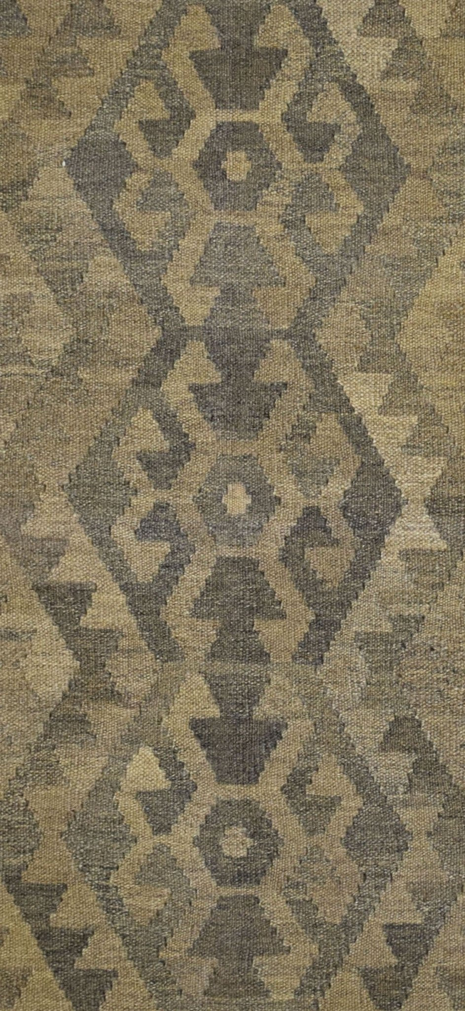 Handmade Afghan Maimana kilim rug featuring a repeating geometric pattern in natural wool tones.