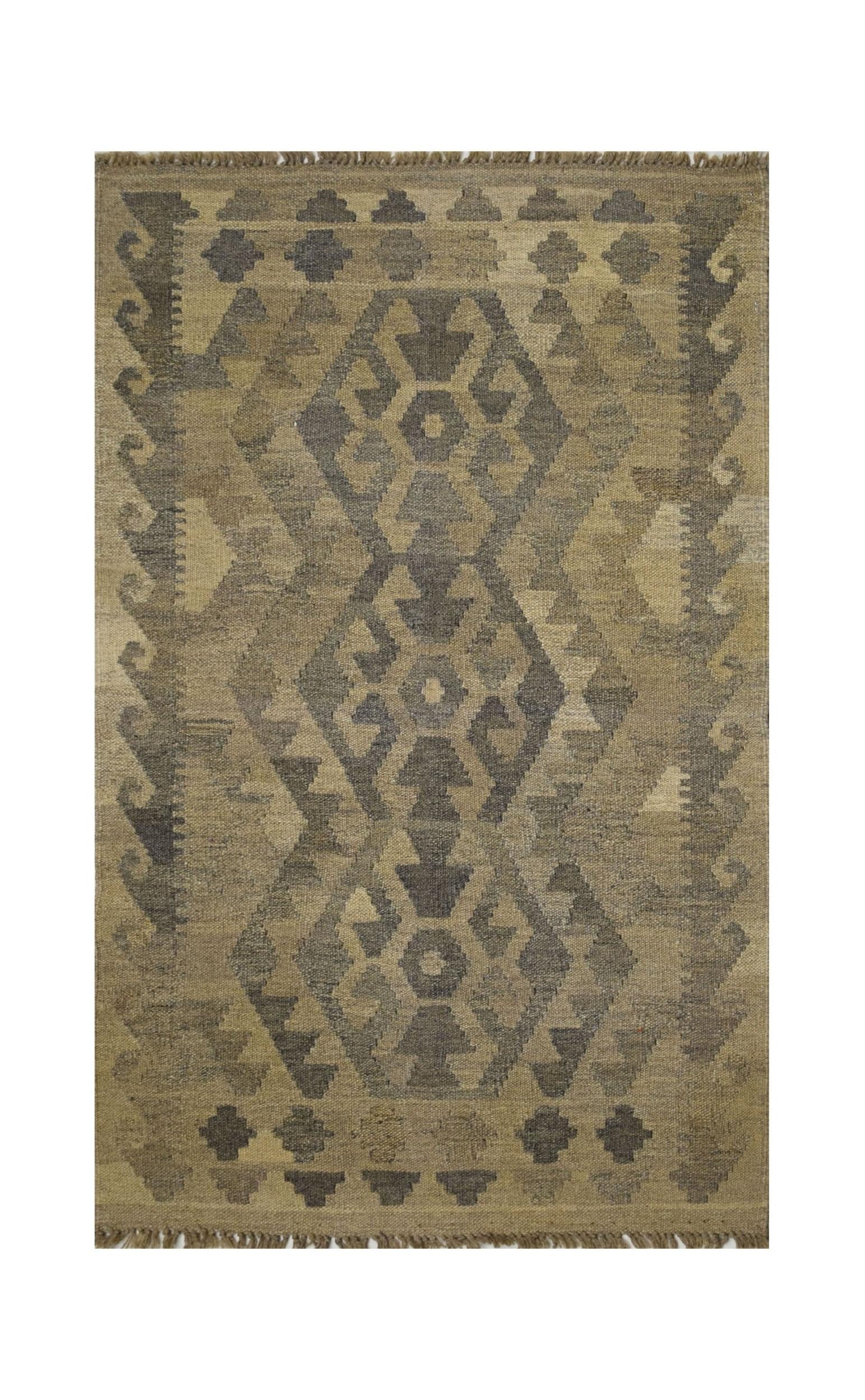 Handmade Afghan Maimana kilim rug featuring a geometric pattern in natural wool tones.