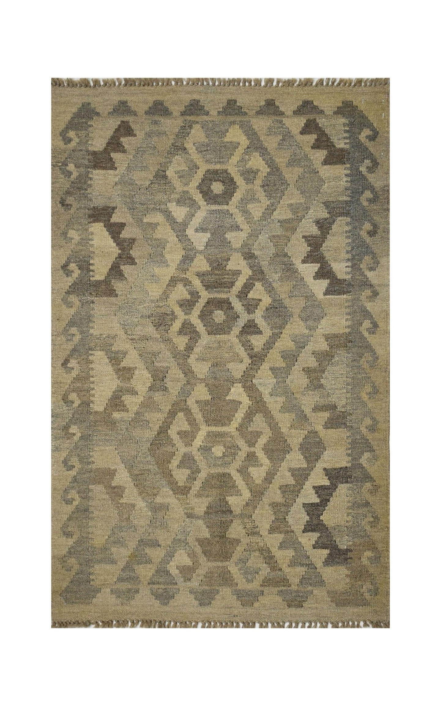Handmade Afghan Maimana kilim rug featuring a geometric pattern in natural wool tones.