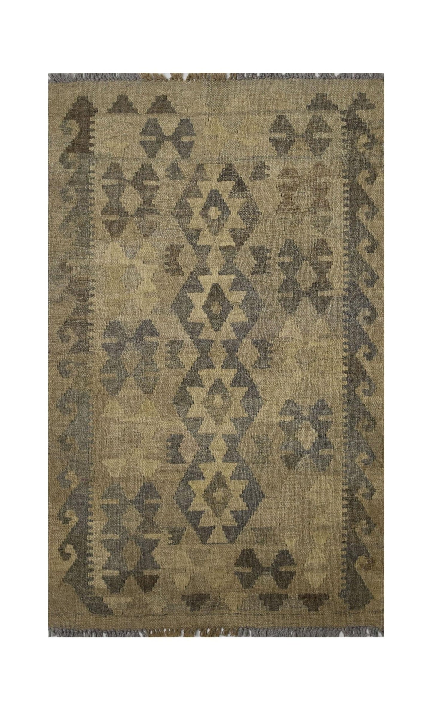 Handmade Afghan Maimana kilim rug featuring a geometric pattern in natural earth tones.