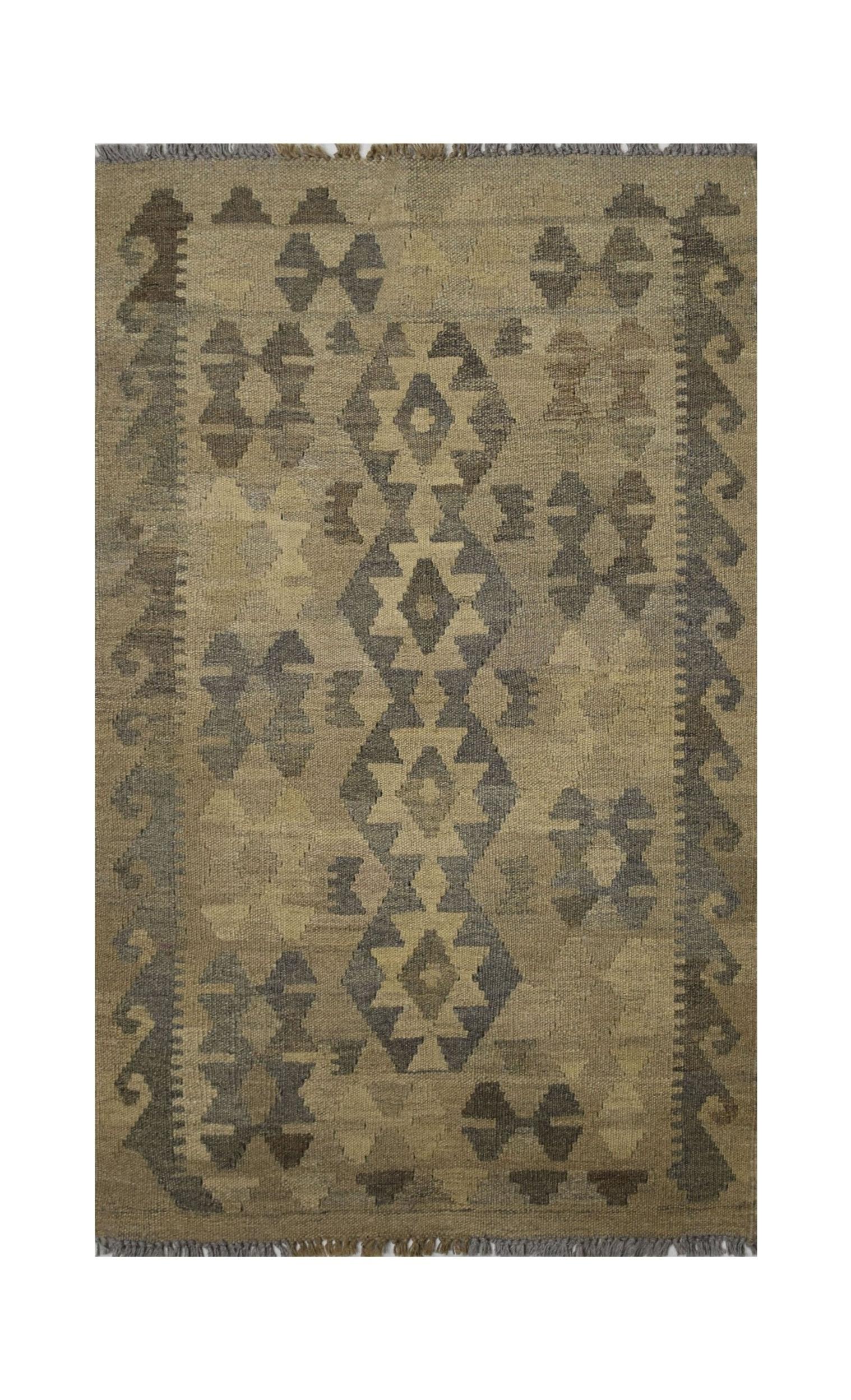 Handmade Afghan Maimana kilim rug featuring a geometric pattern in natural earth tones.
