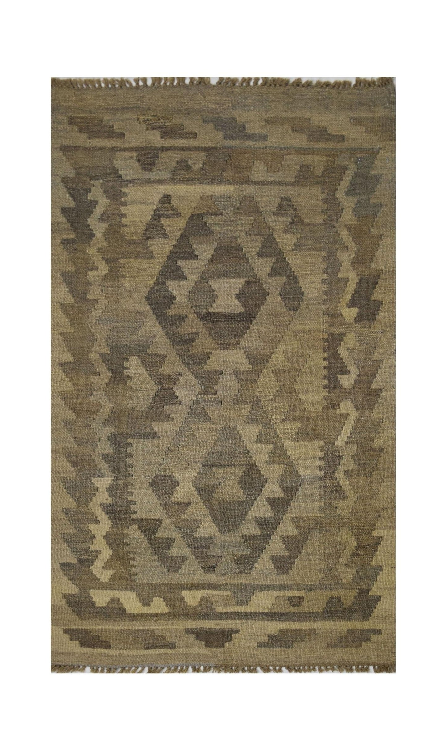 Handmade Afghan Maimana kilim rug featuring a geometric diamond pattern in natural wool tones.