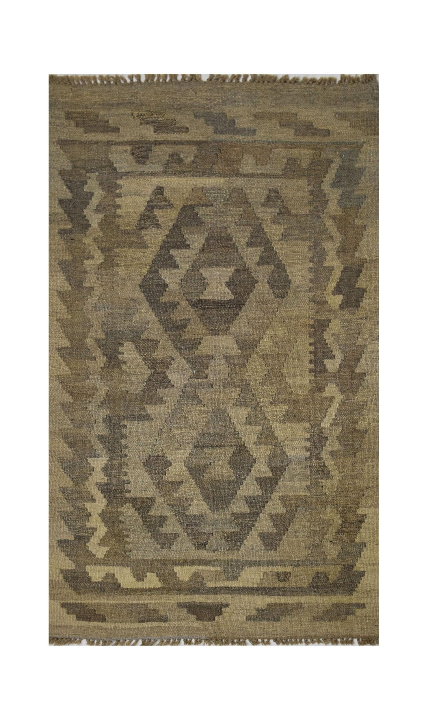 Handmade Afghan Maimana kilim rug featuring a geometric diamond pattern in natural wool tones.
