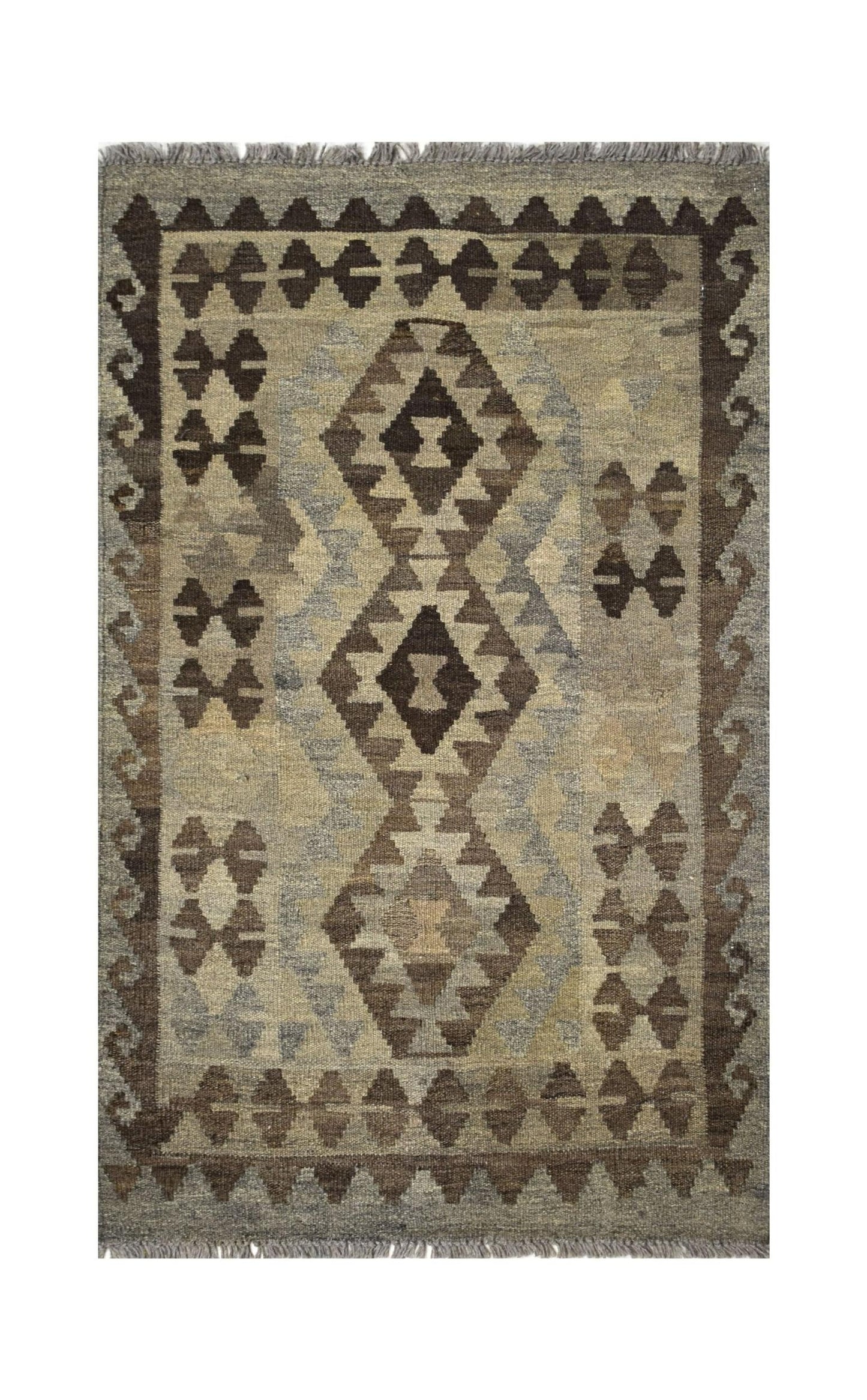 Handmade Afghan Maimana kilim rug featuring a geometric diamond pattern in earthy brown tones.