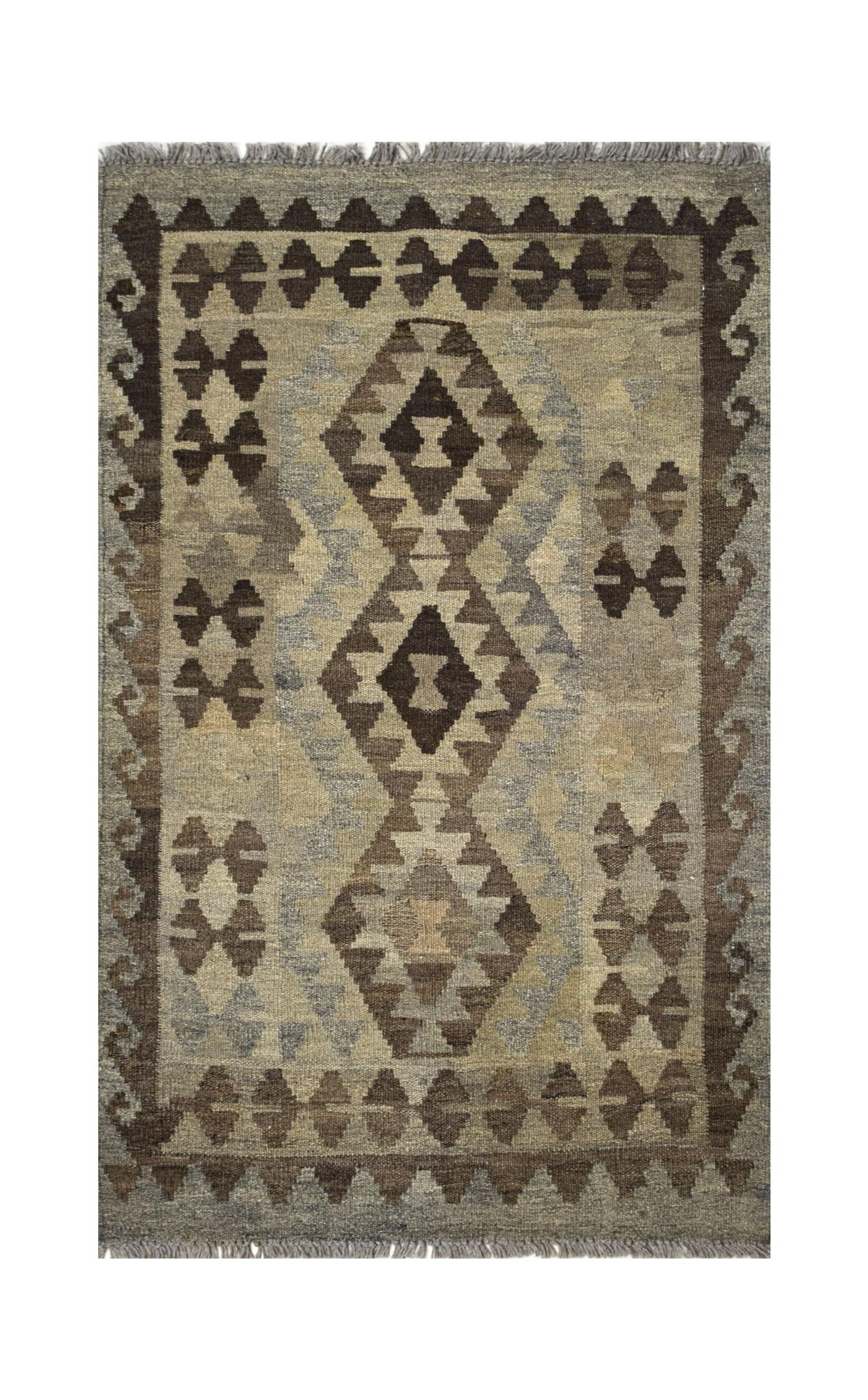 Handmade Afghan Maimana kilim rug featuring a geometric diamond pattern in earthy brown tones.