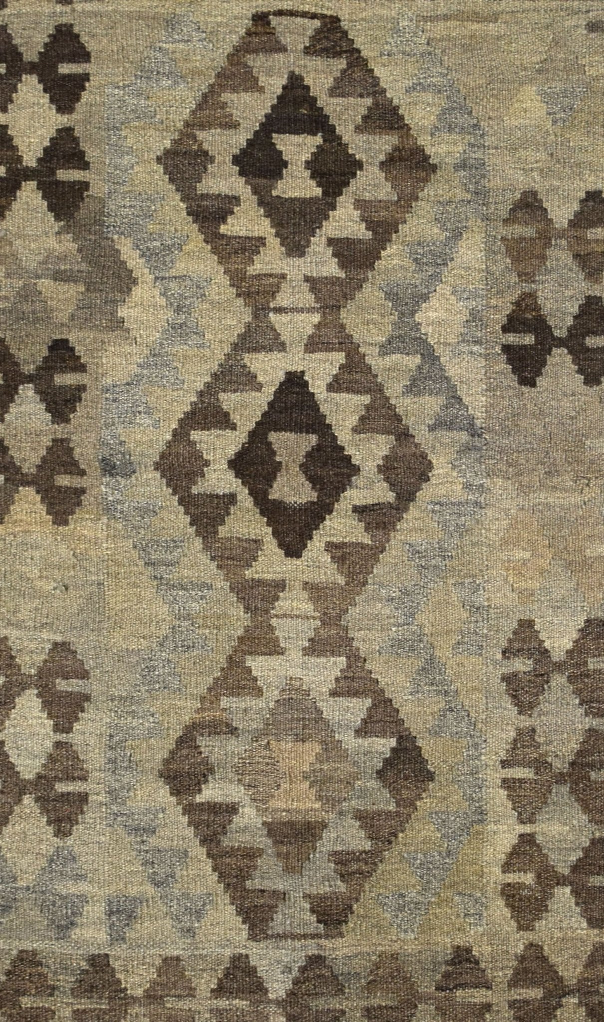 Handmade Afghan Maiamana kilim rug featuring a geometric diamond pattern in earthy brown tones.