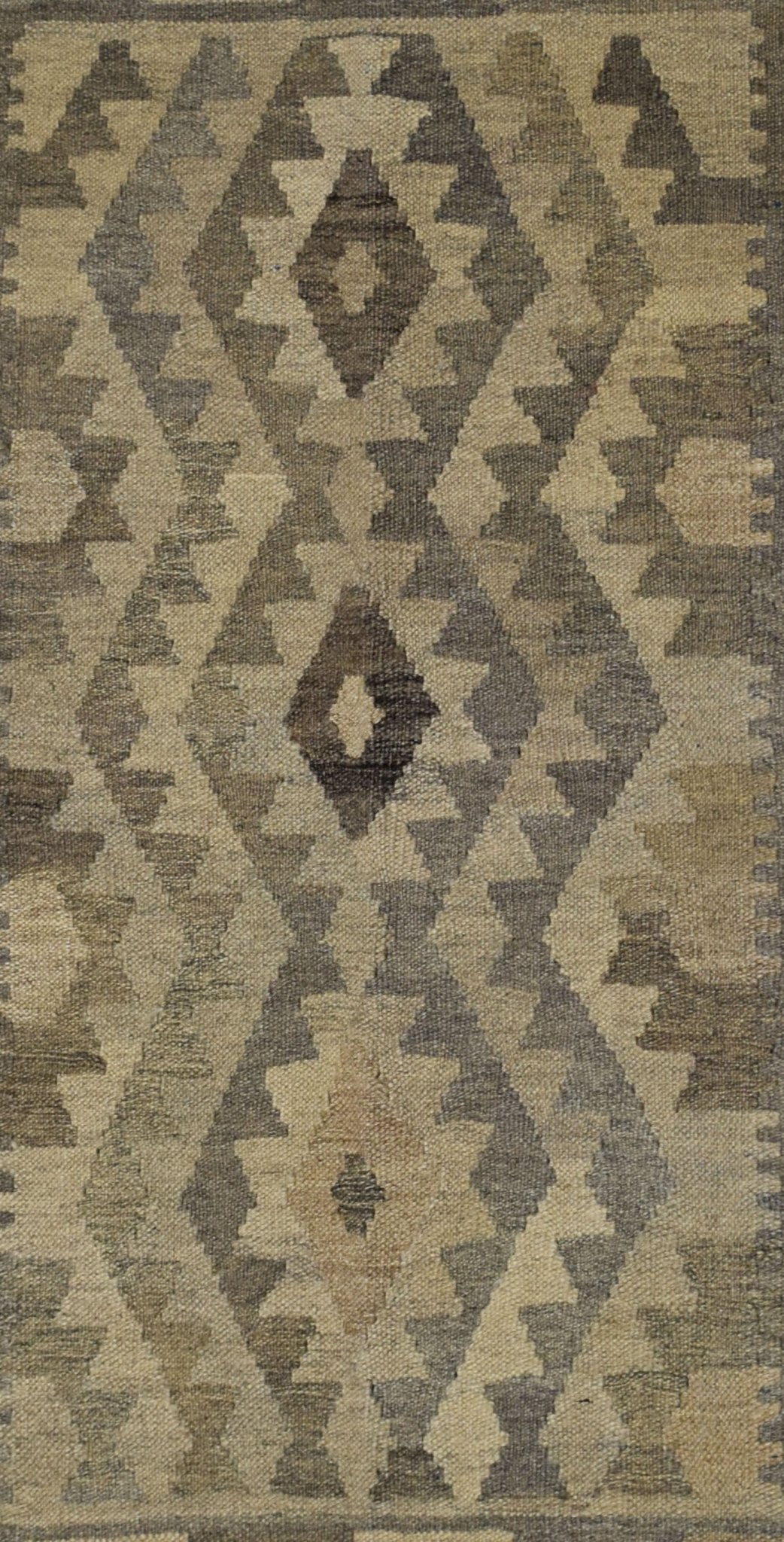 Handmade Afghan Maimana kilim rug featuring a geometric diamond pattern in natural wool tones.