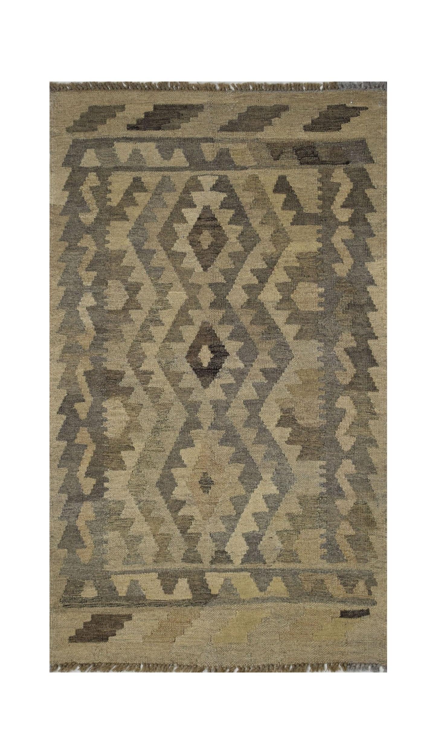 Handmade Afghan Maimana kilim rug featuring a geometric diamond pattern in natural wool tones.