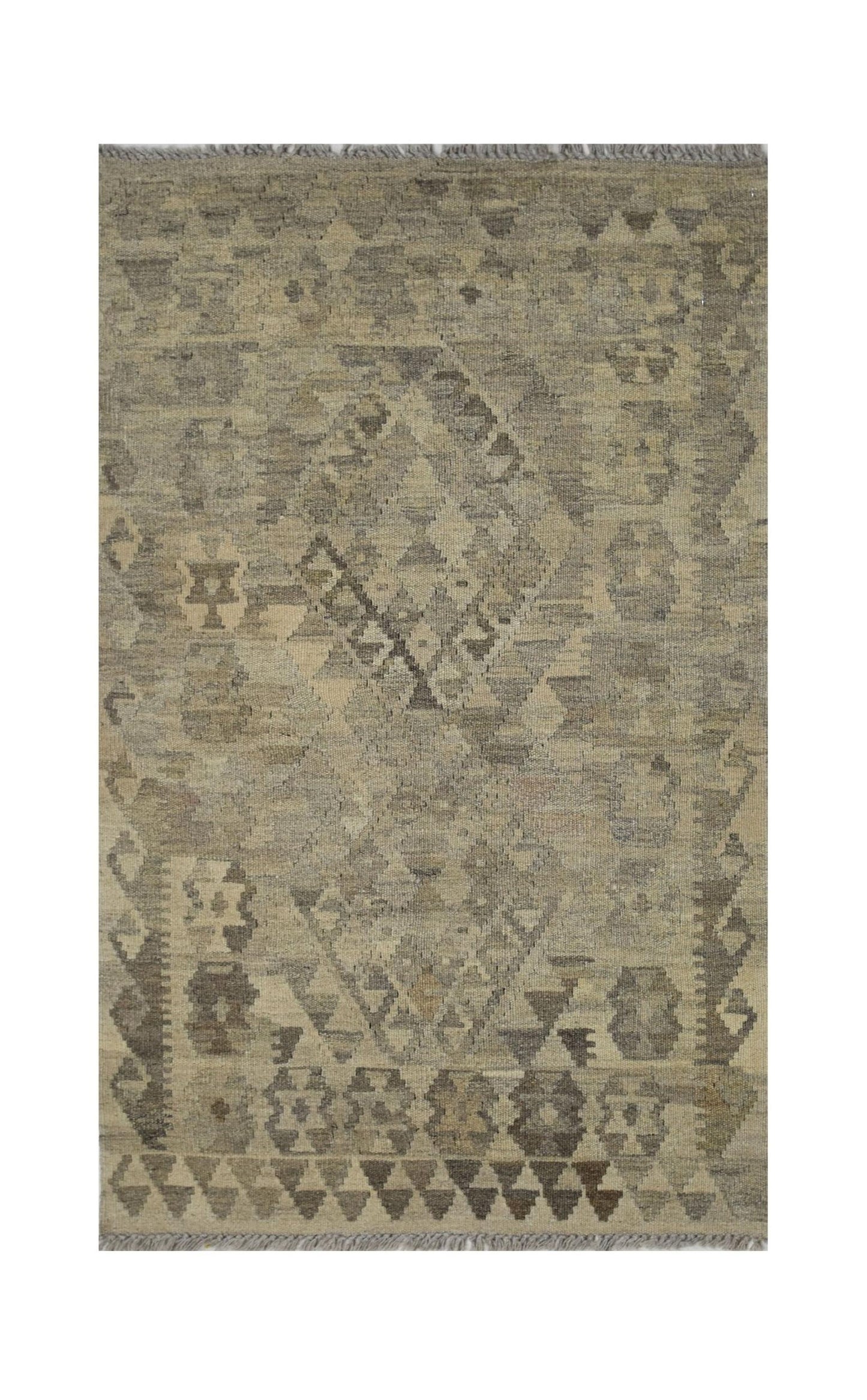 Handmade Afghan Maimana kilim rug featuring a geometric pattern in neutral earth tones.