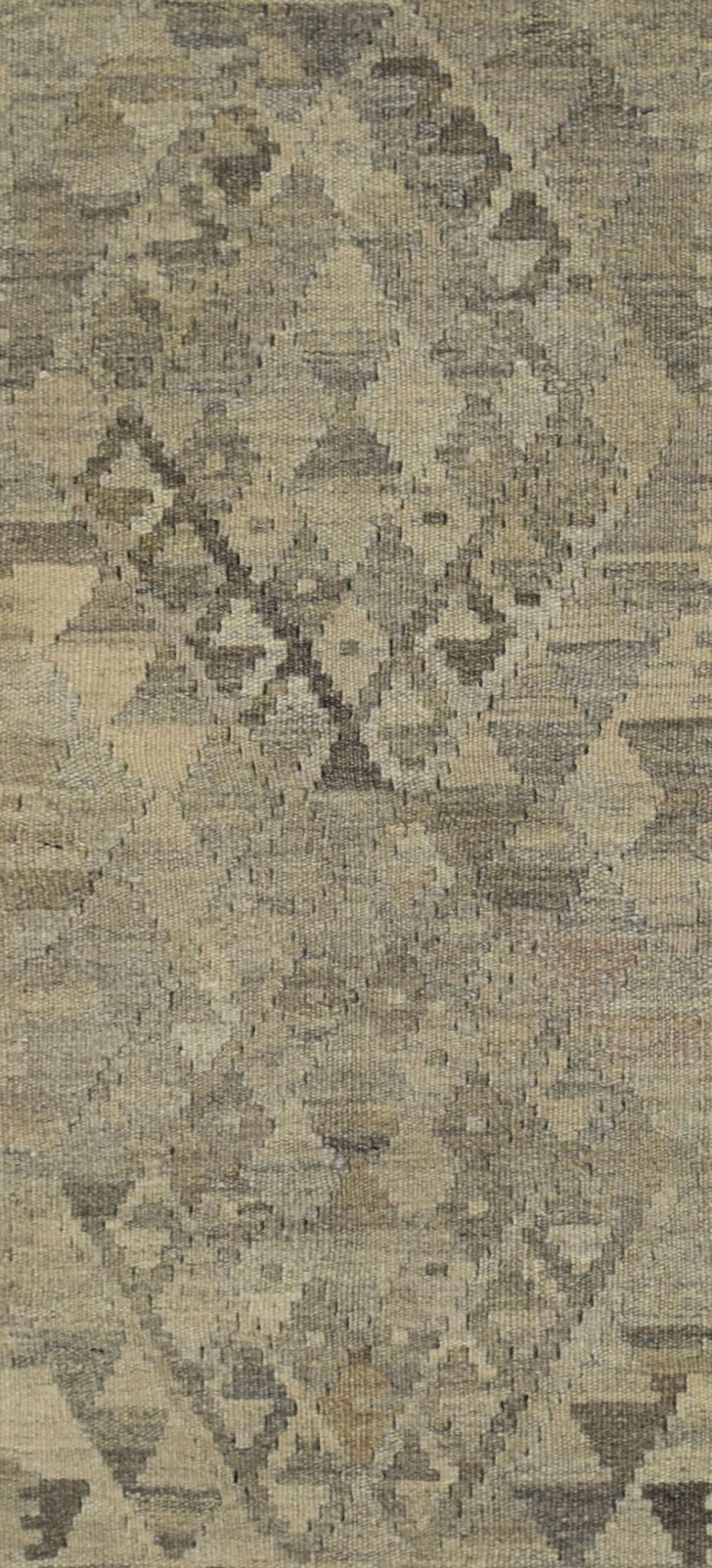 Handmade Afghan Maimana kilim rug featuring a neutral-toned geometric pattern in undyed wool.