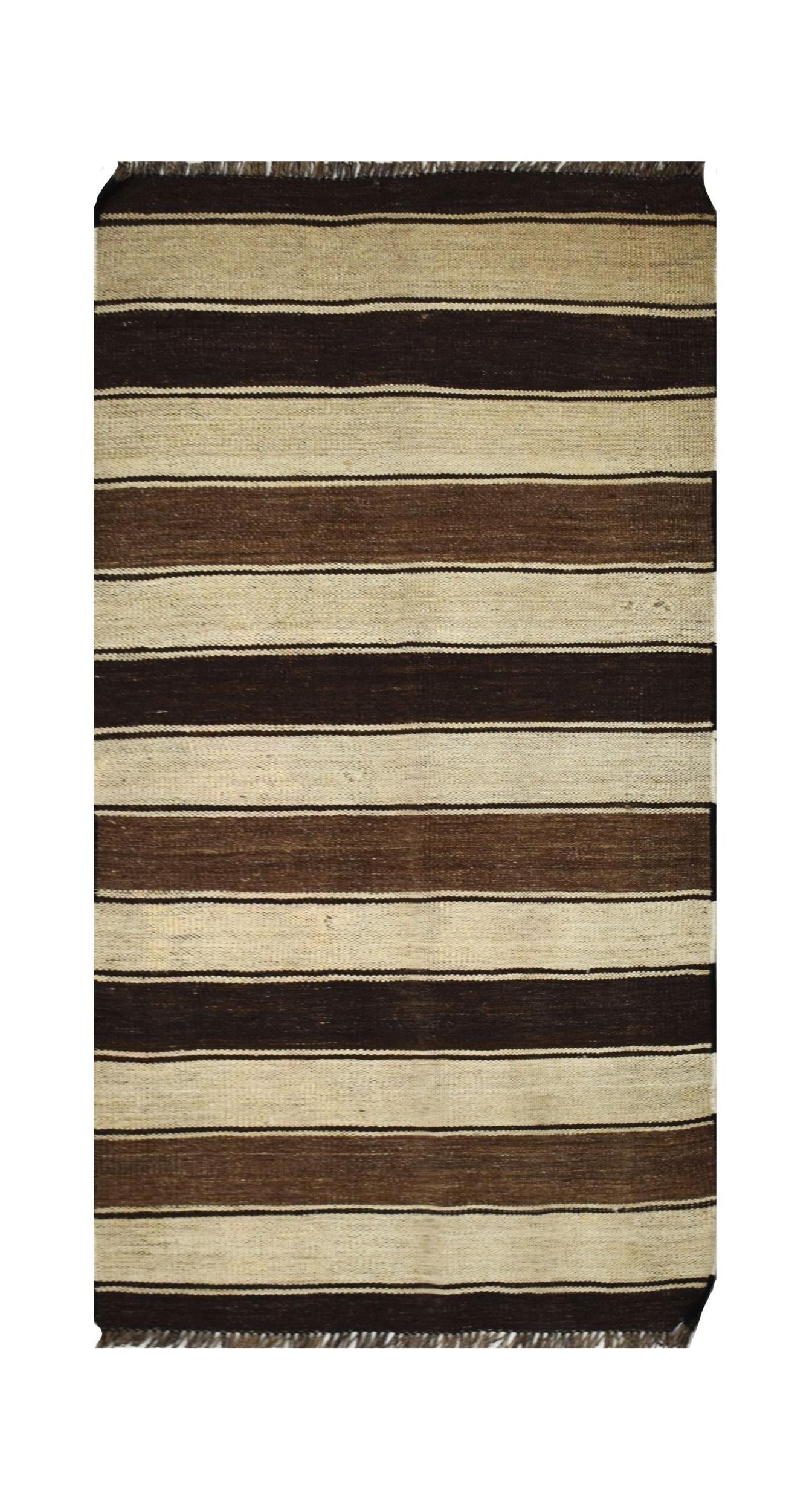 Handmade Afghan Maimana kilim rug featuring horizontal stripes in natural brown and cream wool.