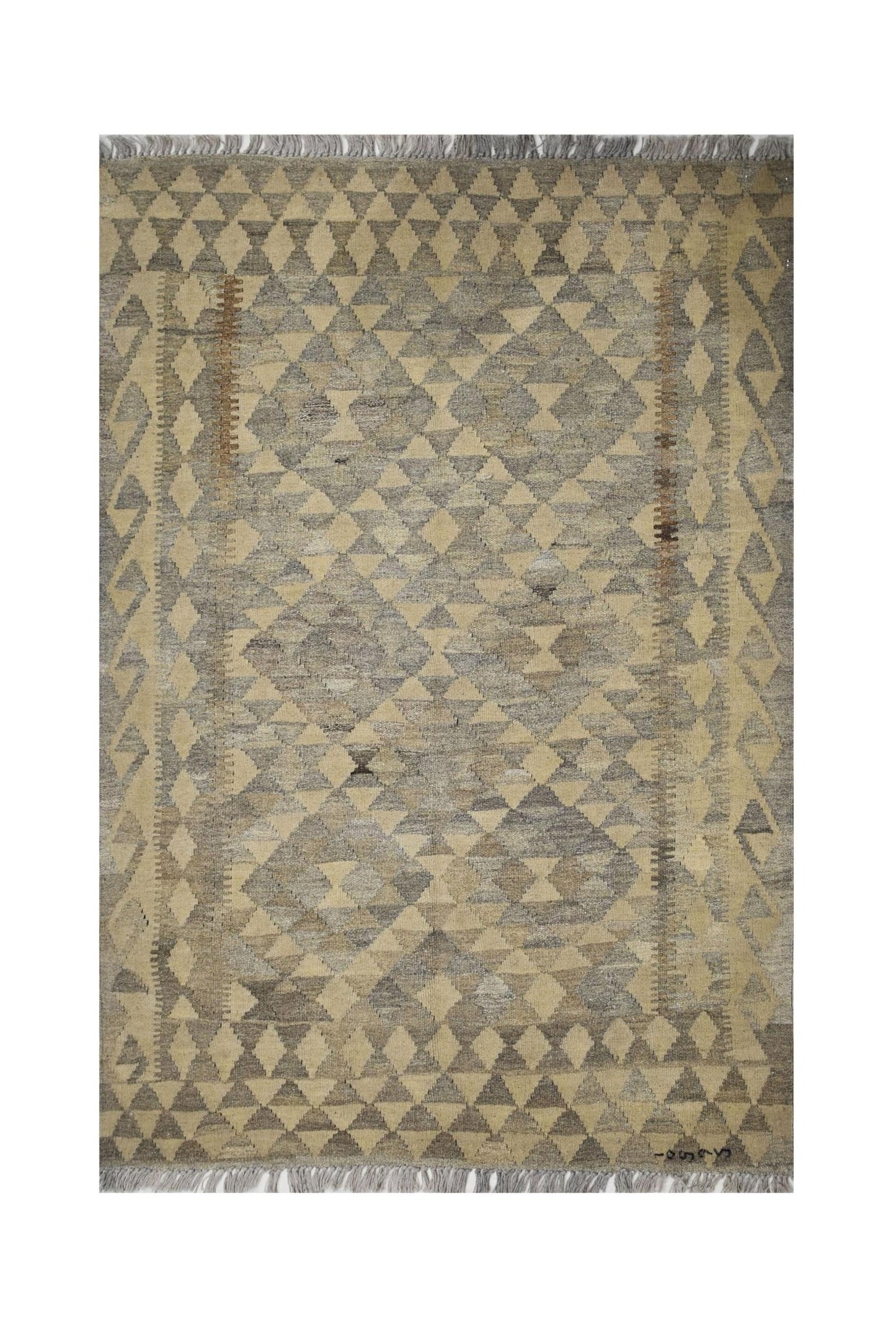 Handmade Afghan Maimana kilim rug featuring a geometric triangle pattern in natural wool tones.