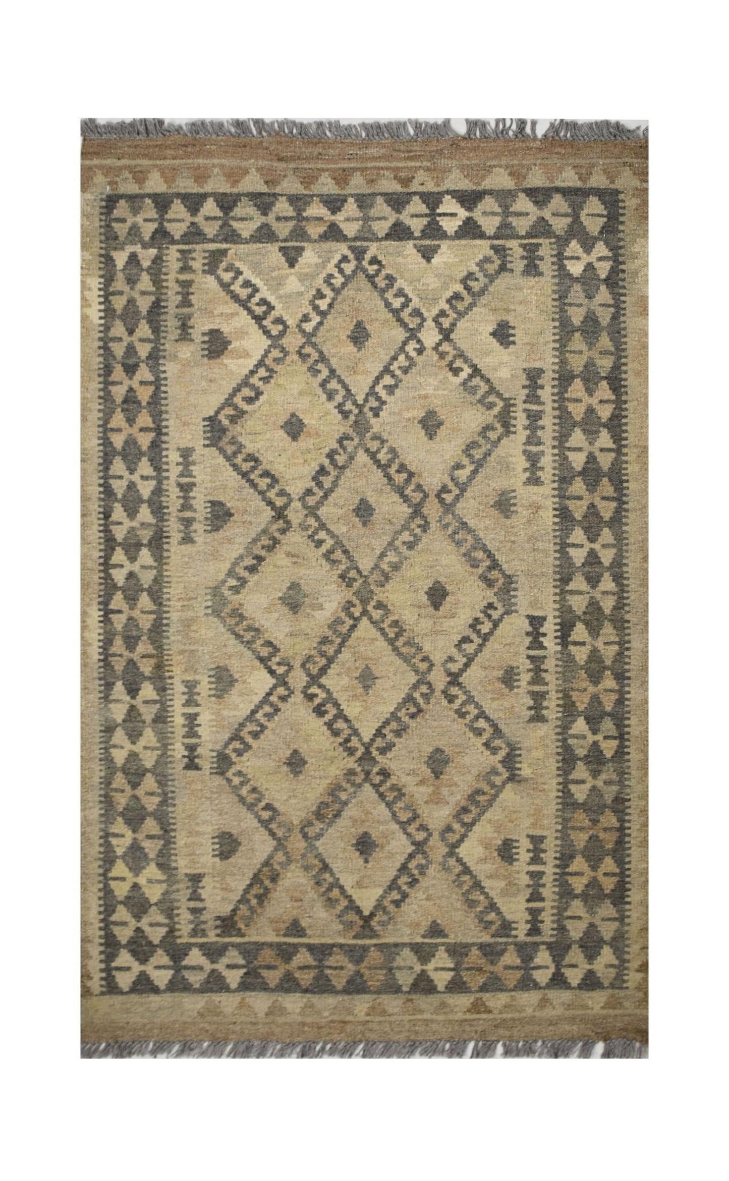 Handmade Afghan Maimana kilim rug featuring a geometric diamond pattern in natural wool tones.