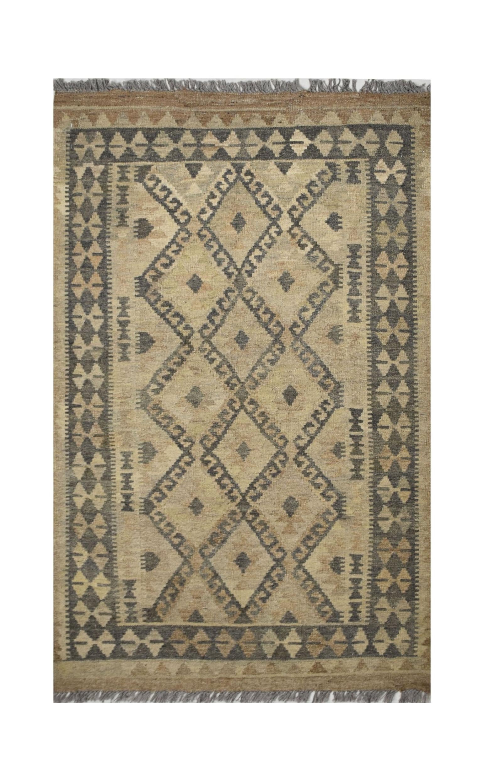 Handmade Afghan Maimana kilim rug featuring a geometric diamond pattern in natural wool tones.