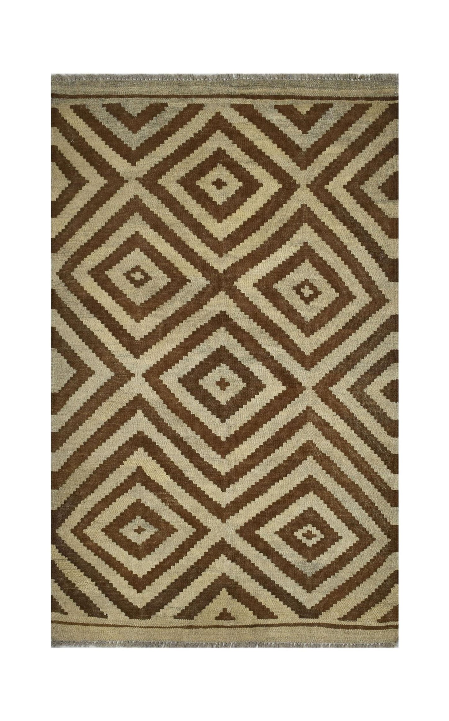 Handmade Afghan Maimana kilim rug featuring a geometric diamond pattern in natural wool tones.