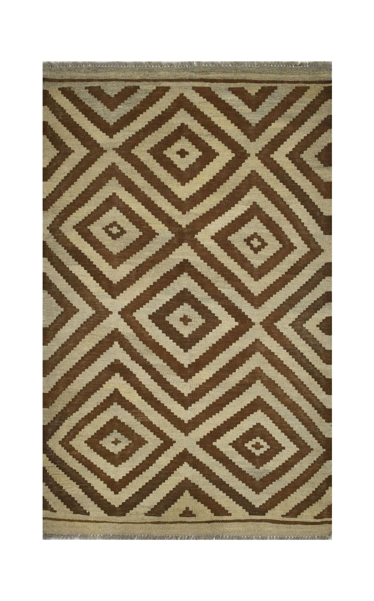 Handmade Afghan Maimana kilim rug featuring a geometric diamond pattern in natural wool tones.