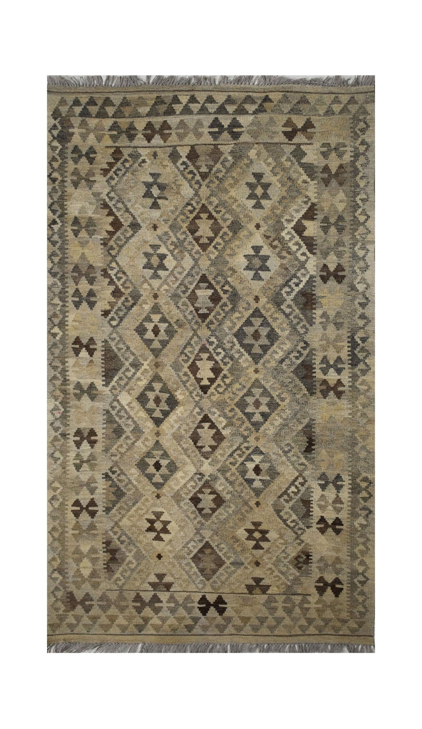 Handmade Afghan Maiamana kilim rug featuring a geometric diamond pattern in natural wool tones.