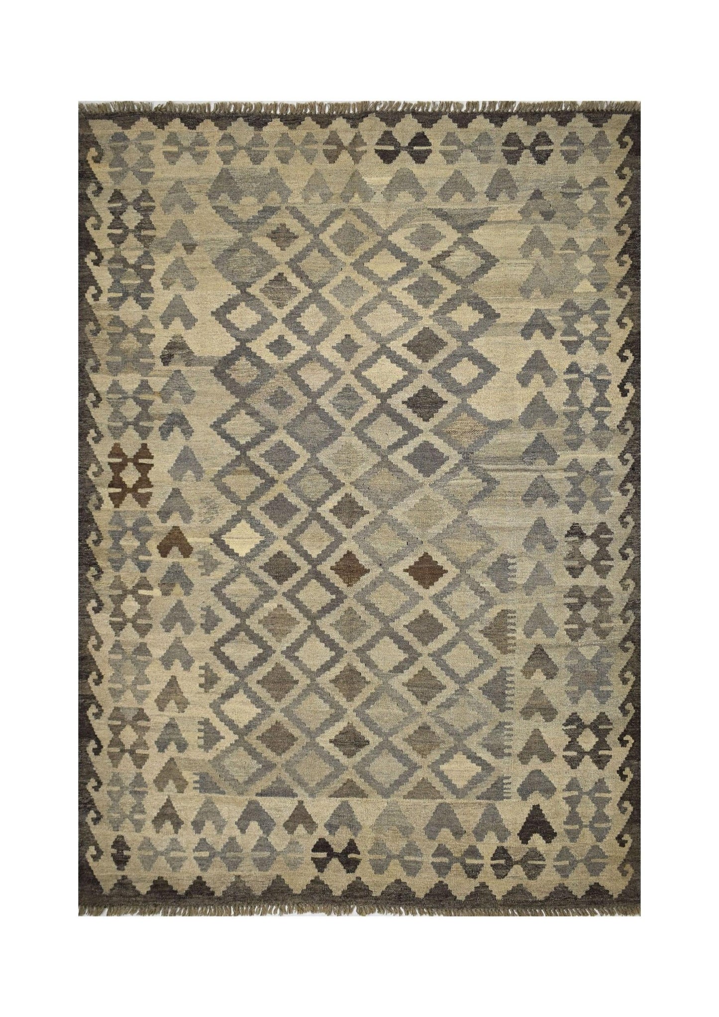 Handmade Afghan Maiamana kilim rug featuring a geometric diamond pattern in natural wool tones.