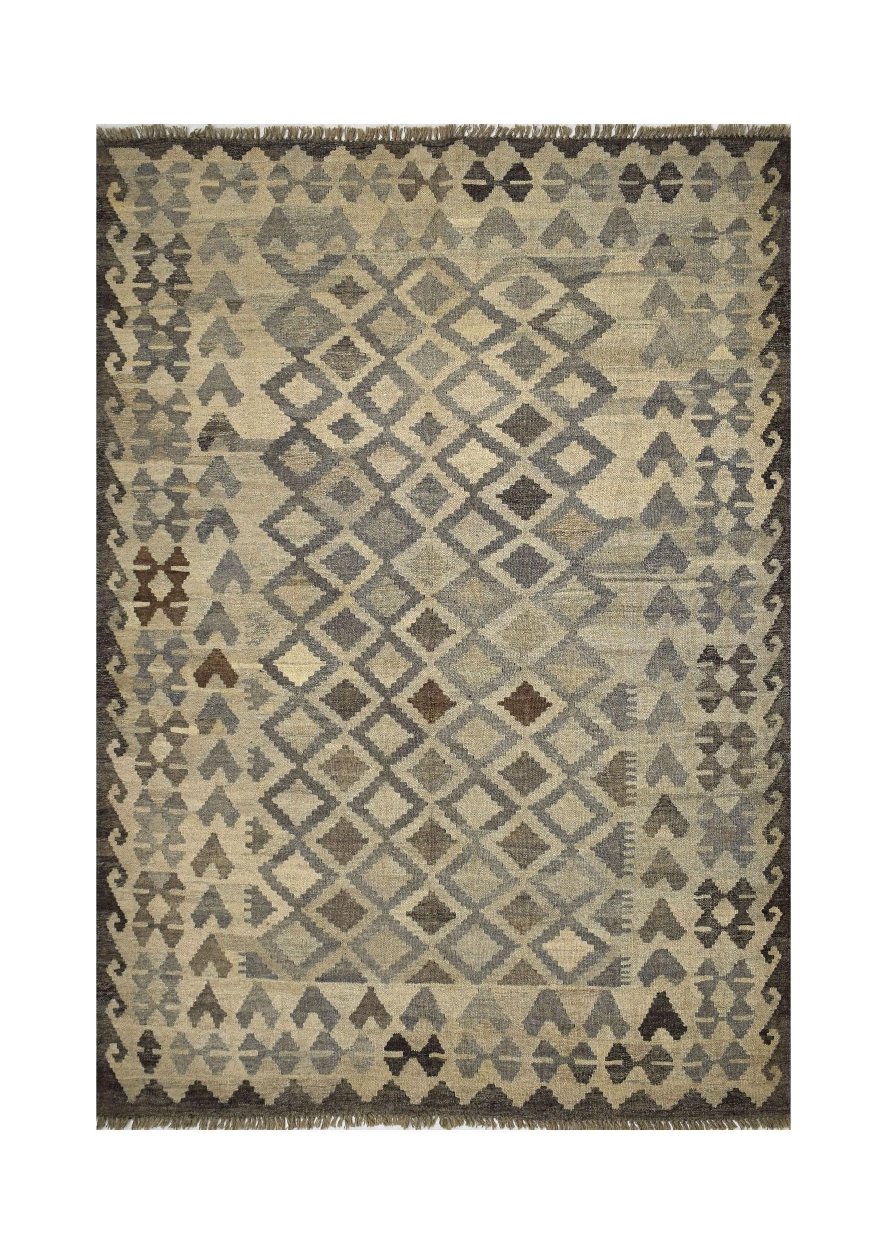 Handmade Afghan Maiamana kilim rug featuring a geometric diamond pattern in natural wool tones.