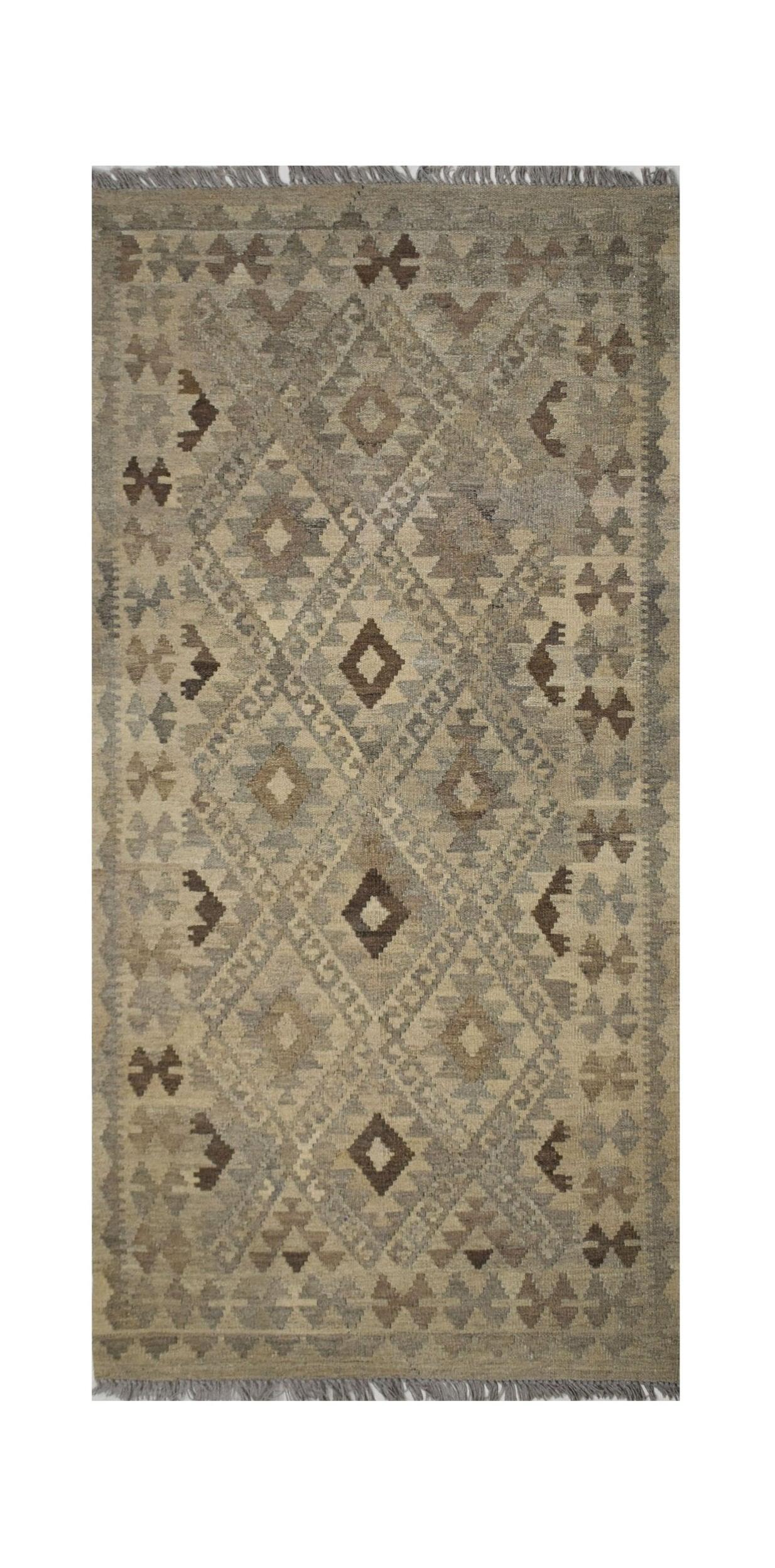 Handmade Afghan Maimana kilim rug featuring a geometric diamond pattern in natural wool tones.