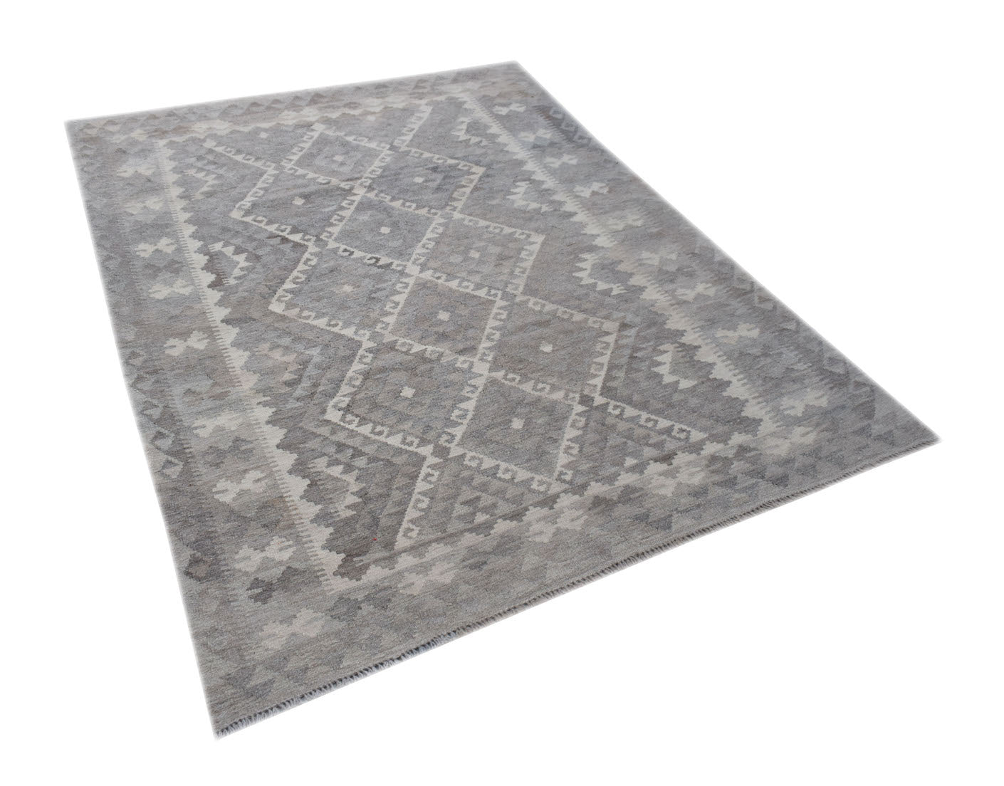 A rectangular, handwoven Afghan Maimana kilim featuring a grey geometric diamond pattern.