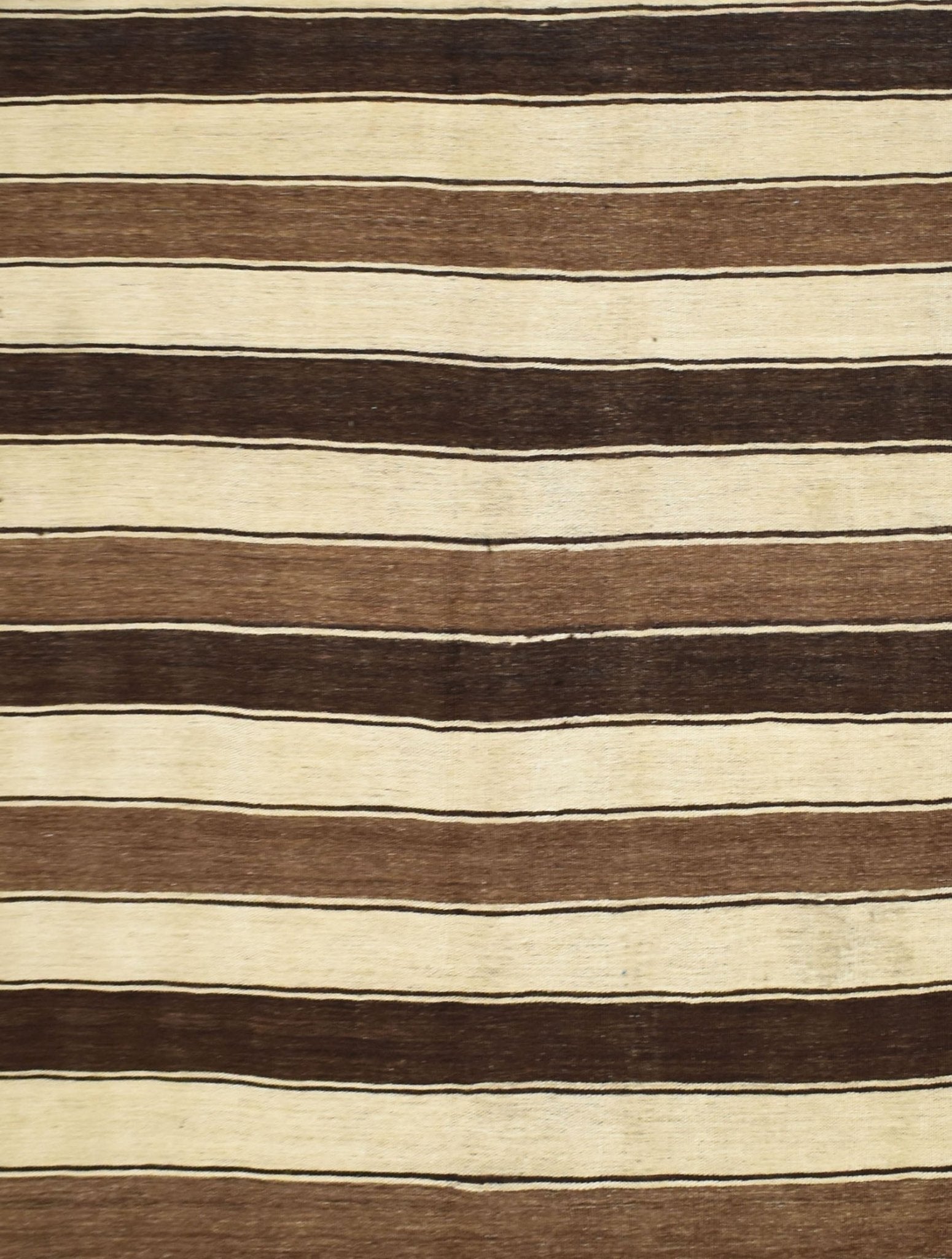 Handmade Afghan Maimana kilim rug featuring horizontal stripes in natural brown and cream tones.