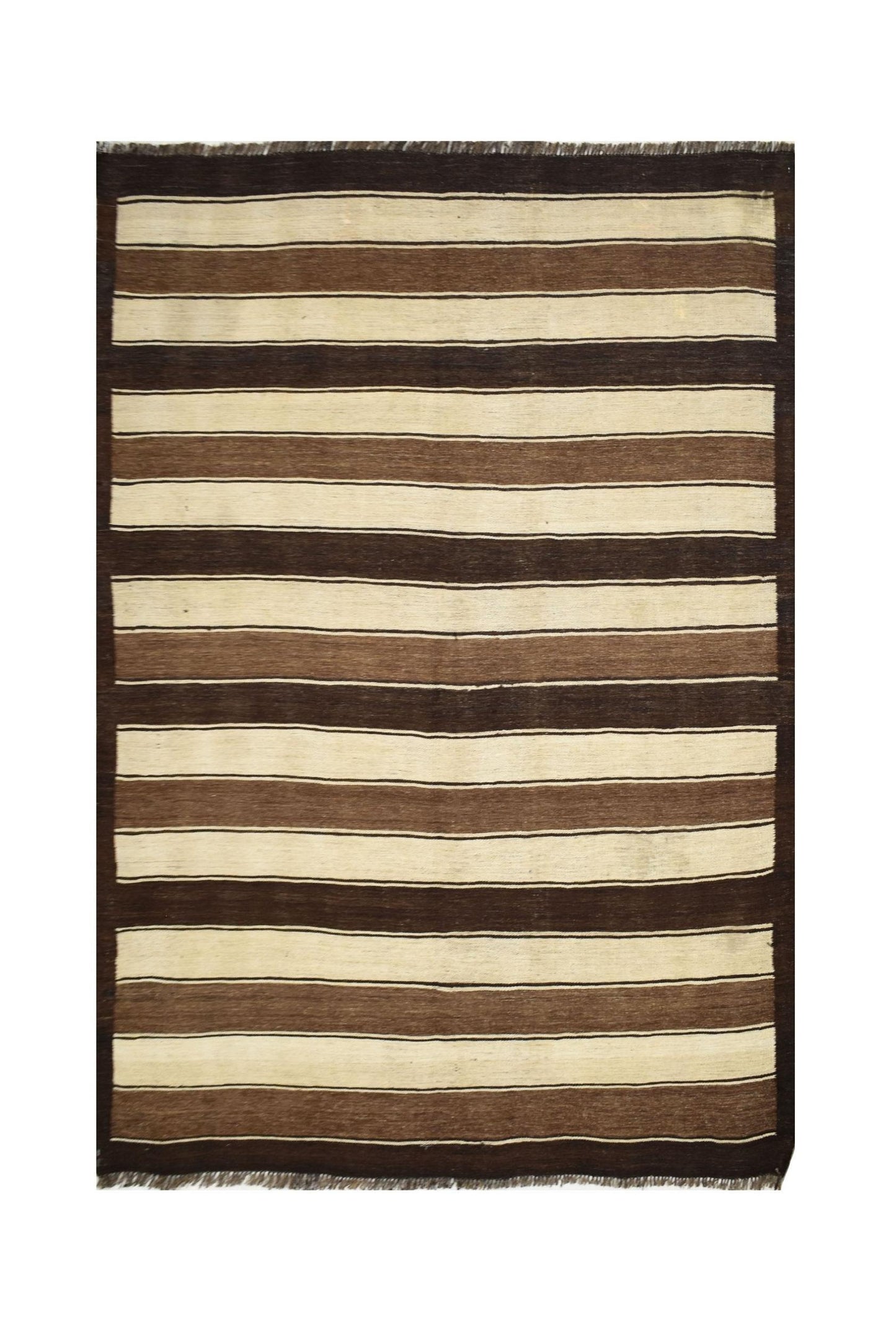 Handmade Afghan Maimana kilim rug featuring horizontal stripes in natural brown and cream wool.