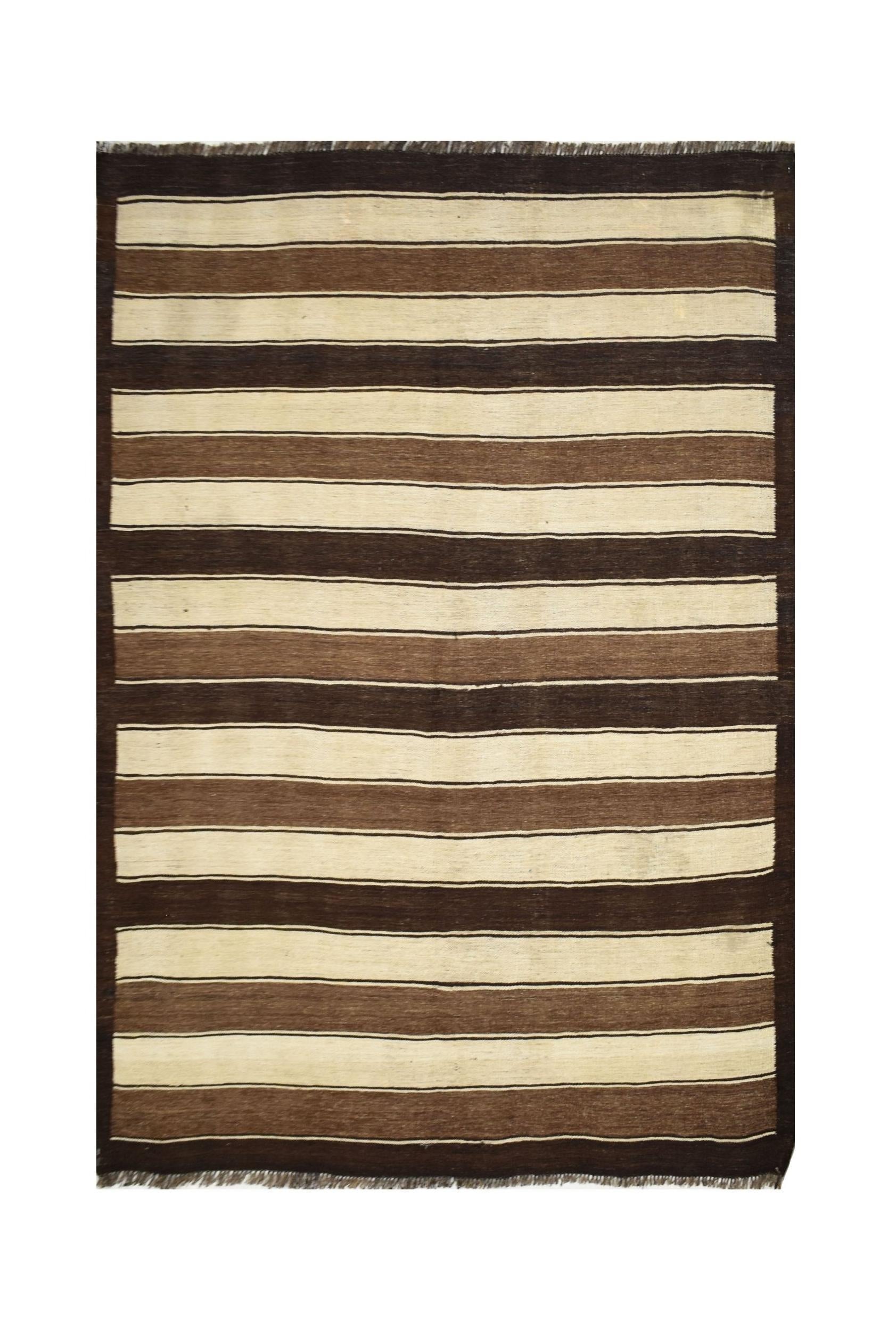 Handmade Afghan Maimana kilim rug featuring horizontal stripes in natural brown and cream wool.