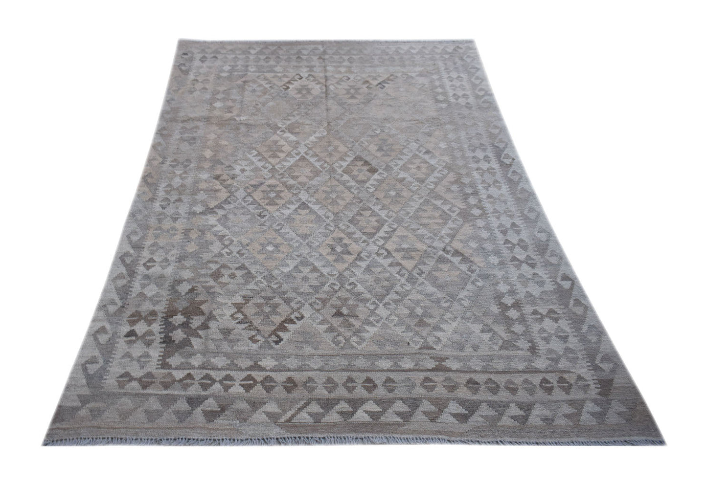 Handwoven Afghan Maimana kilim rug featuring a neutral geometric pattern in undyed natural wool.